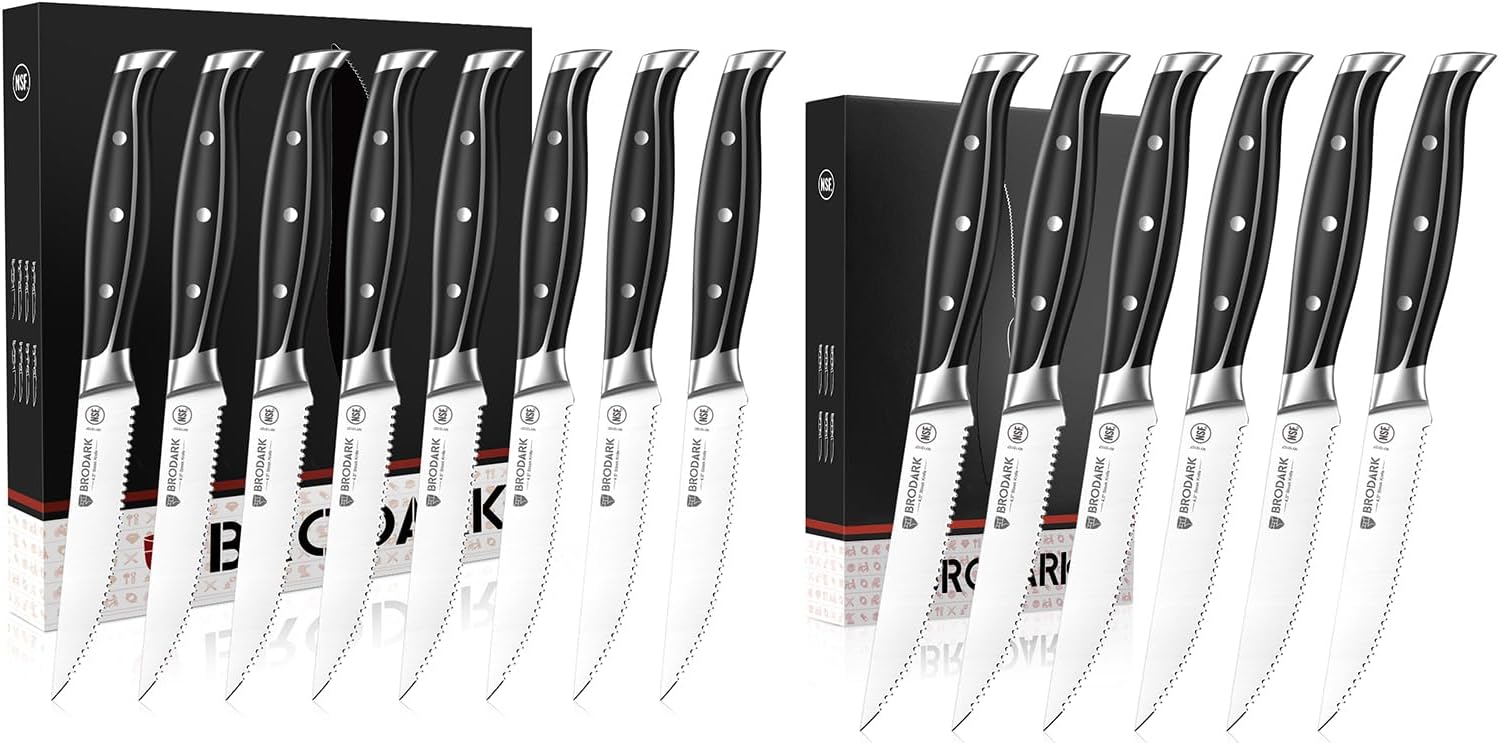 BRODARK Steak Knives Set of 14 (8+6), Serrated, 4.5 Inch