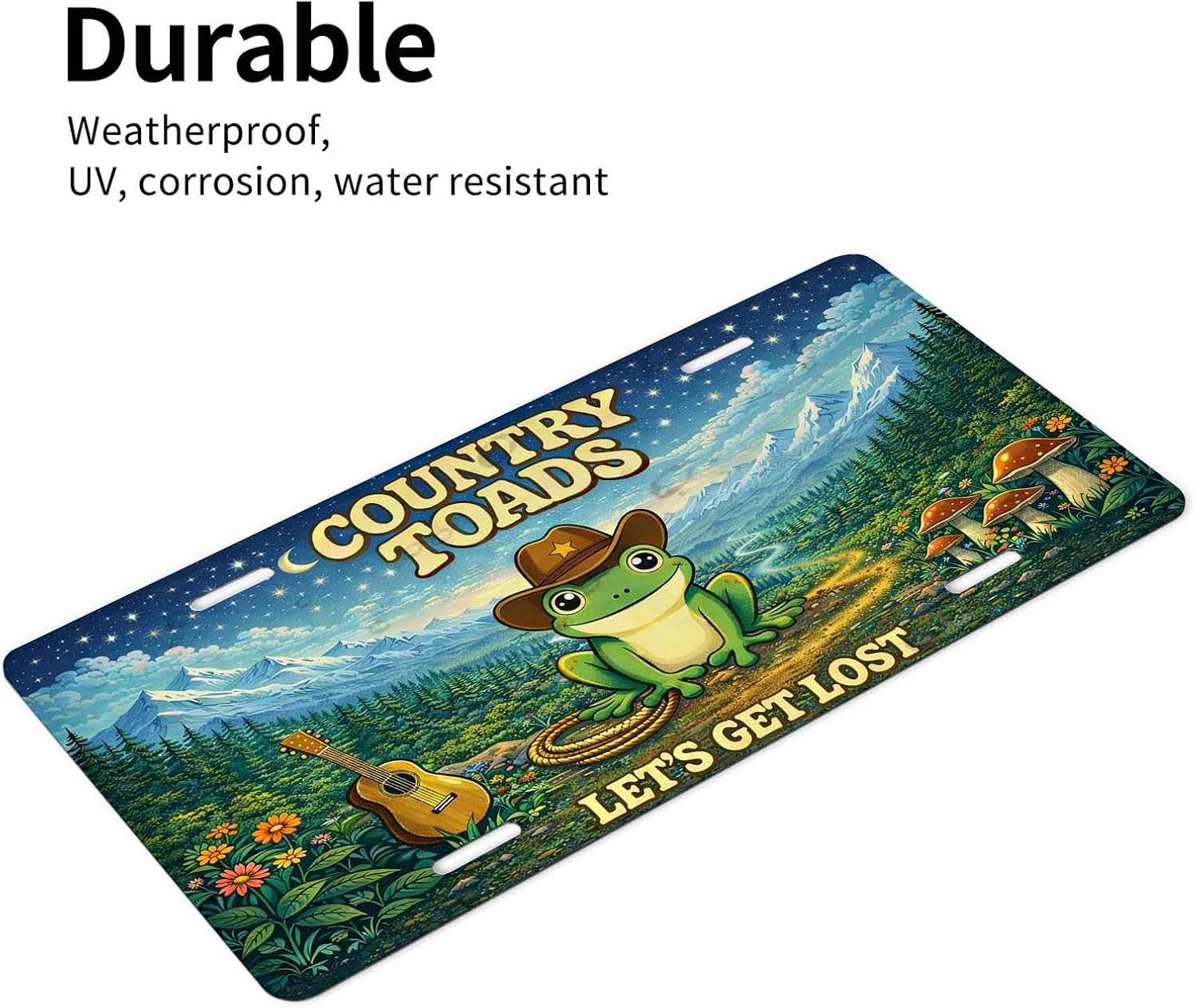 Country Frog Front License Plate for Women Cartoon Cowboy Hat Guitar Car Vanity Plates Decorative Aluminum Metal Cute Novelty License Plate for Men 6x12 Inch (4 Holes) image 5