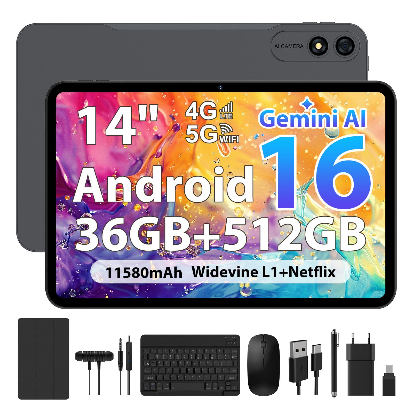 Tablette Android 16 de 14 Pouces, 4G LTE et Wi-FI 5G, Tablet Octa-Core, 36Go RAM+512Go ROM (1To TF), Affichage 2000x1200, Widevine L1/8+13 MP/11580 mAh/GMS/GPS, avec Clavier+Souris (Gris)