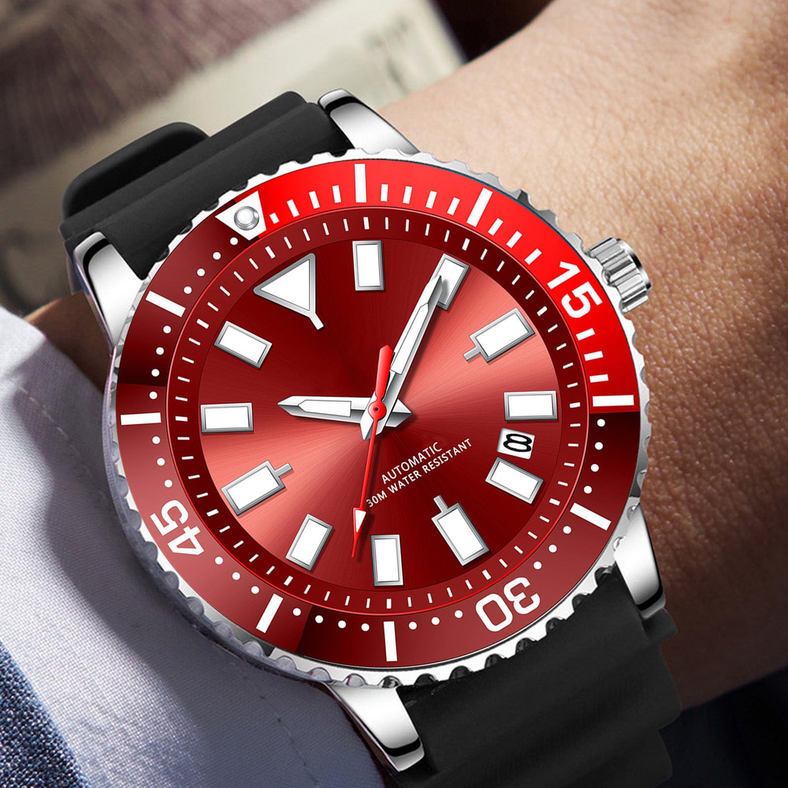 Generic Reloj Analógico para Hombre Resistente Al Agua Movimiento Automático Cronógrafo Reloj de Pulsera Pantalla Luminosa Bisel Giratorio para Pesca (Rojo Plateado)