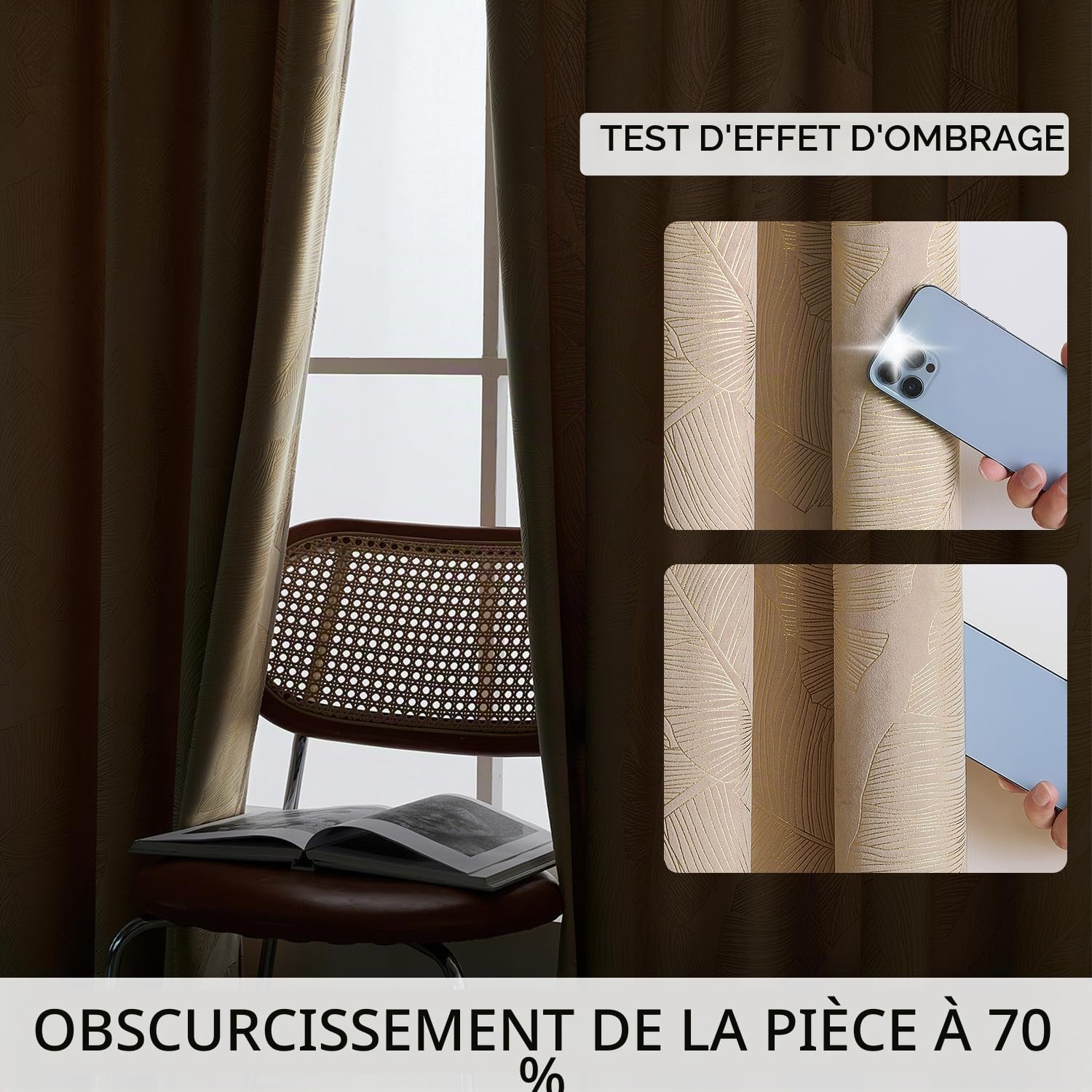 MIULEE Velours Feuille dorée Galon 2p L140 H245 Beige | Rideau velours isolant thermique opaque à galon froncé, motif feuille dorée pour salon et chambre
