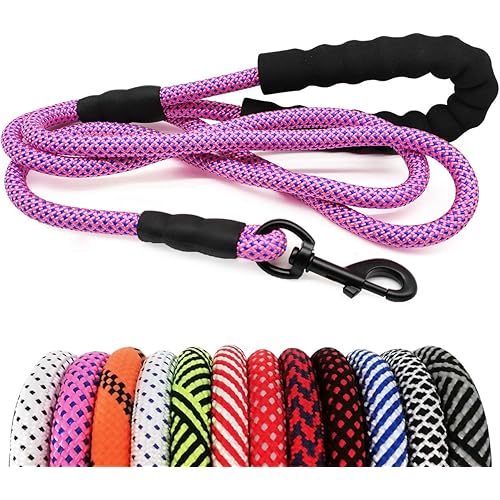 MayPaw Heavy Duty Rope Dog Leash, 3/4/5/6/7/8/10/12/15 FT Nylon Pet Leash, Soft Padded Handle Thick Lead Leashes for Large Medium Dogs Small Puppy (1/2" * 10', Pink-Blue Dot)