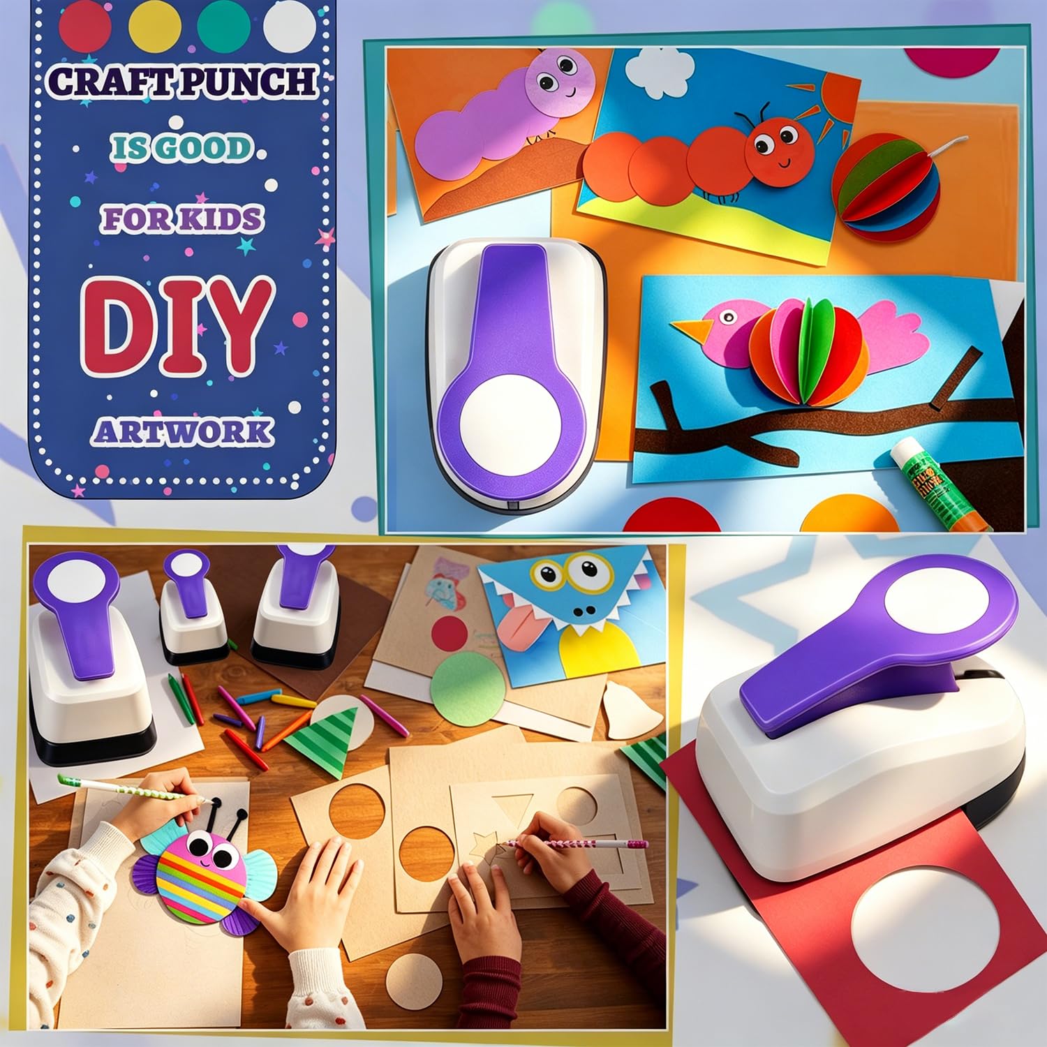 Lochstanzer-Set für Papierbastelarbeiten, 1in, 1,6 cm, 2,5 cm, 3,8 cm und 5,1 cm, violette Kreis-Papierstanzer für Scrapbooking, Kartenherstellung, Journaling, DIY-Dekorationen und handgefertigte