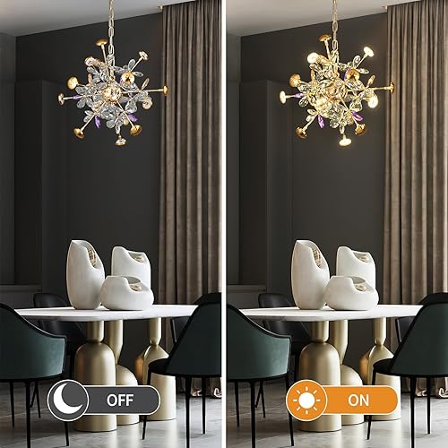 Miniatura 6 de Candelabros modernos de cristal, lámpara de diente de león dorada de 12 luces, lámpara Sputnik con flores de cristal, lámparas colgantes de fuegos