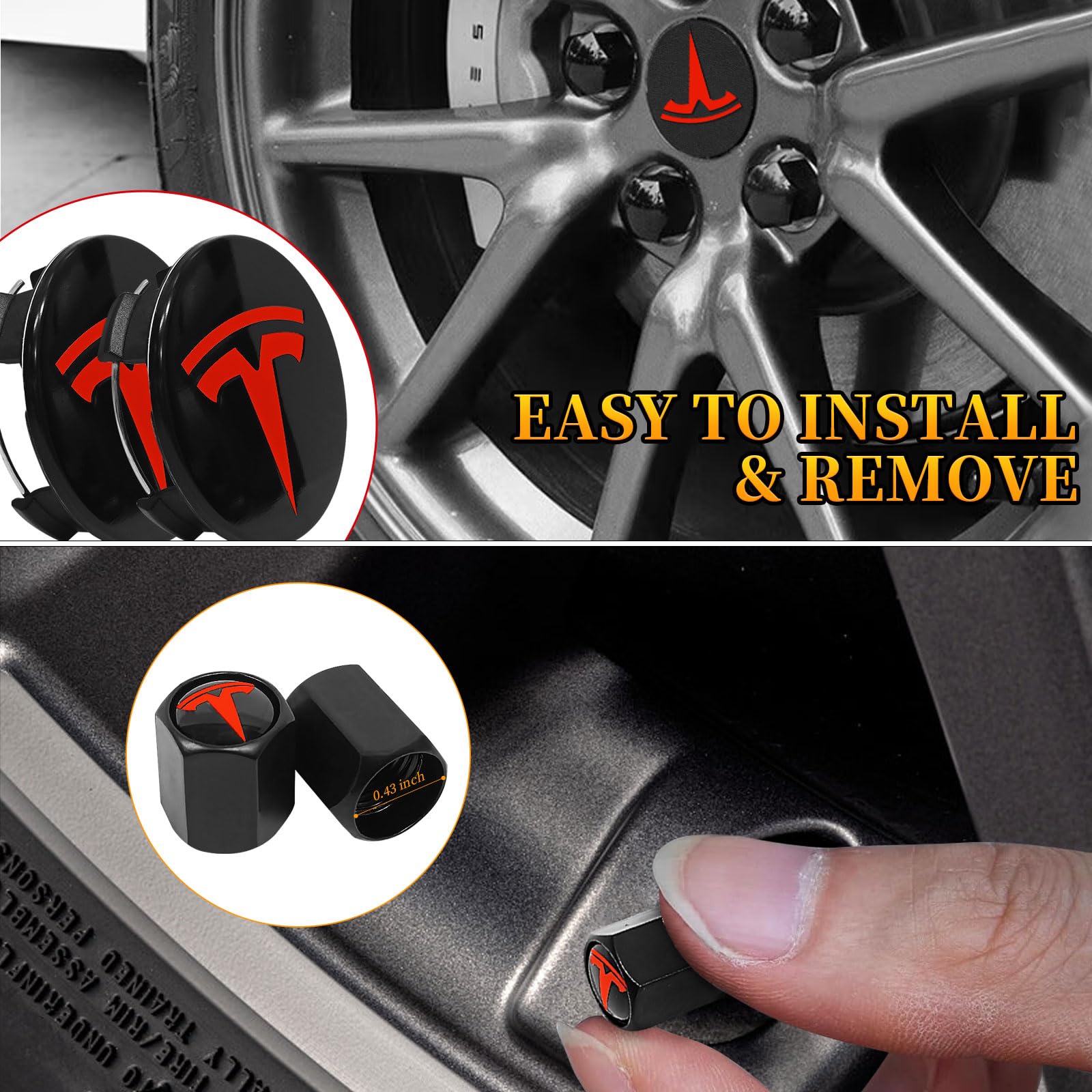 4 Pack Wheel Center Cover for Tesla Model 3 & Model Y,56mm Hubcaps Wheel Rim Cover Tesla Center Caps Hubcaps+4 Car Valve Stem Caps (Glossy Black Background+Red Emblem) - 4