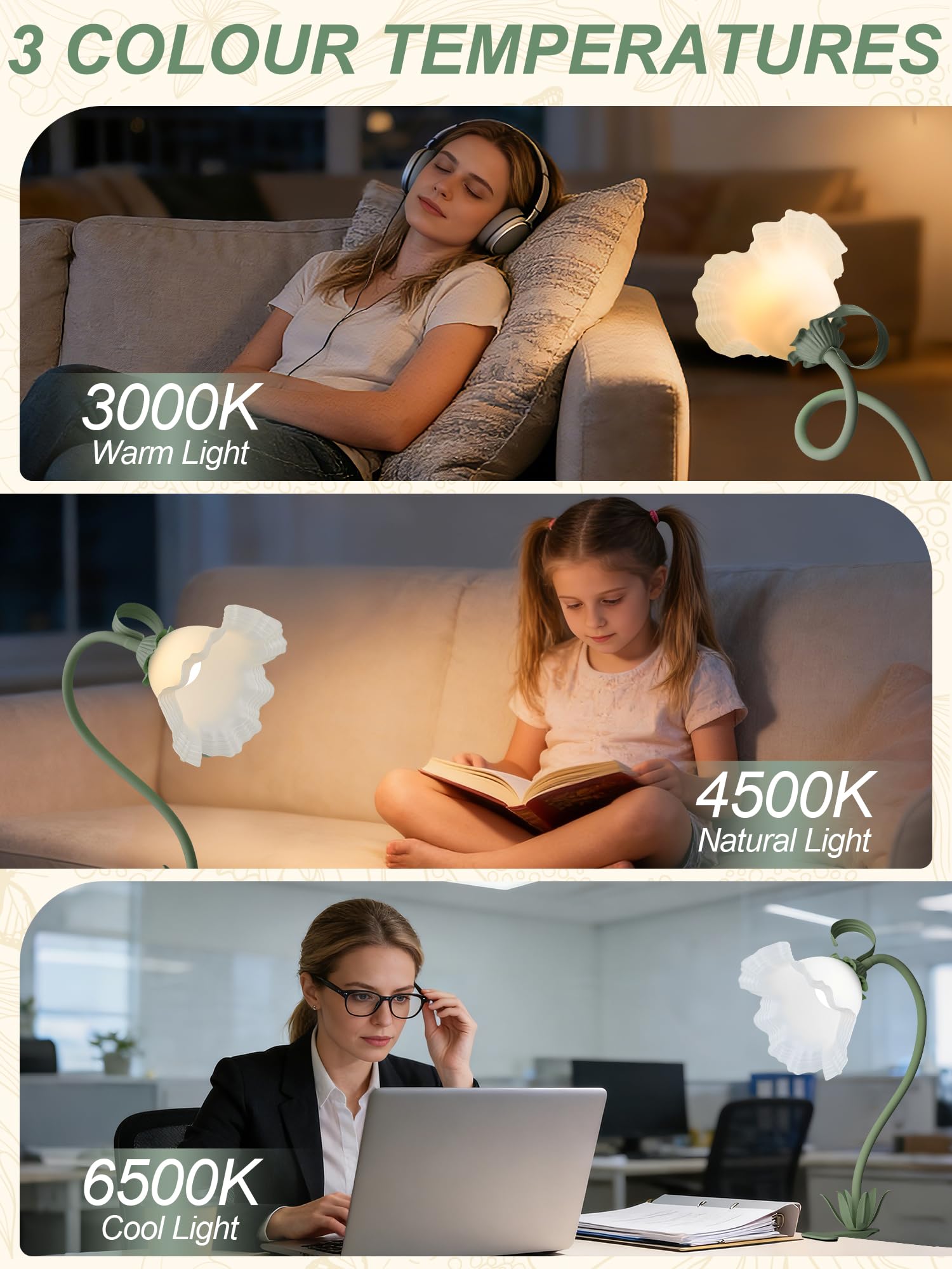 Lámpara de escritorio de flores con clip, luz LED de lectura para el cuidado de los ojos con 3 modos de color, cuello de cisne flexible con clip en la mesita de noche para camas, cabecero, mesa