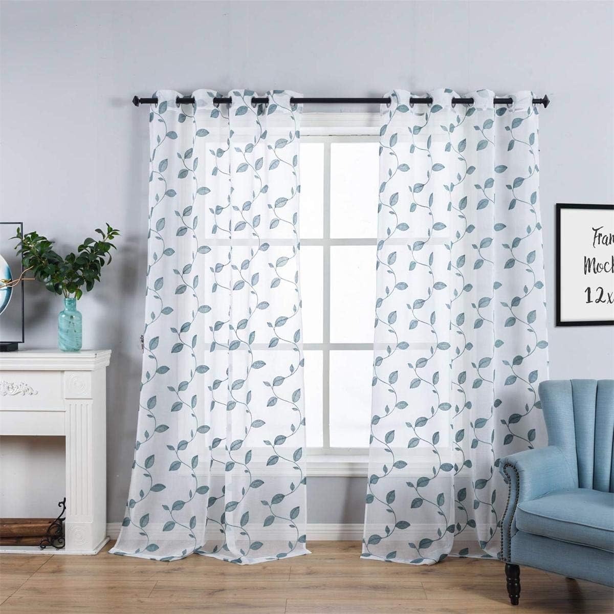 Taisier Home Embroidered Curtains Thick Floral Design Faux Linen Drapes Grommet Top Style Botanical Leaves Pattern Curtains for Bedroom/Living Room (Teal Leaf, W52 x L95,2 Panels)