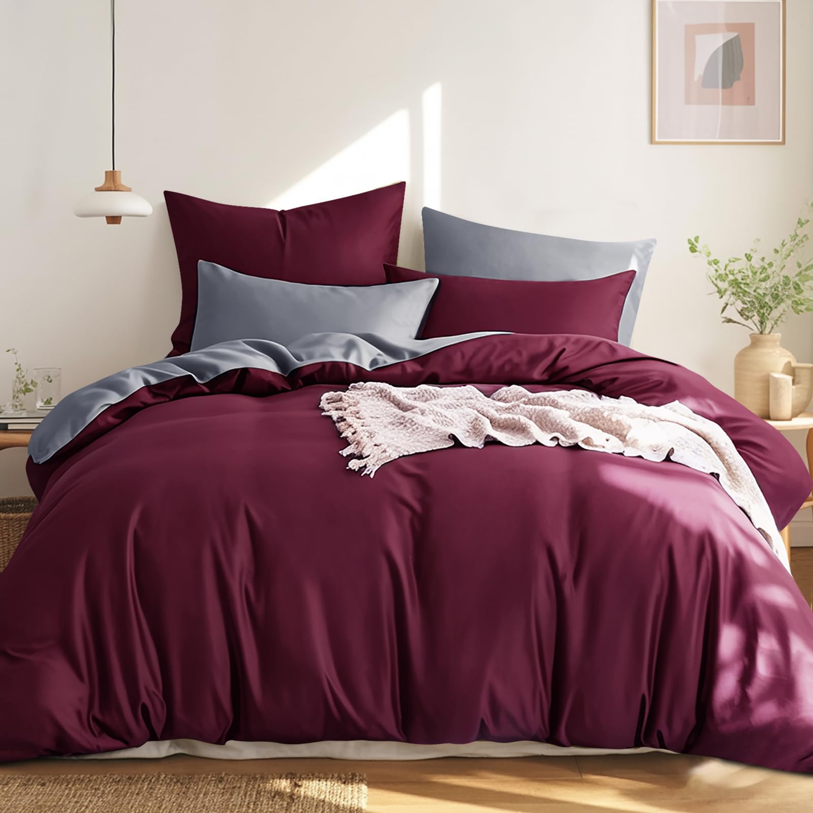 Parure de lit 220 x 240 cm en coton rouge RUIKASI avec housse de couette bicolore 3 pièces