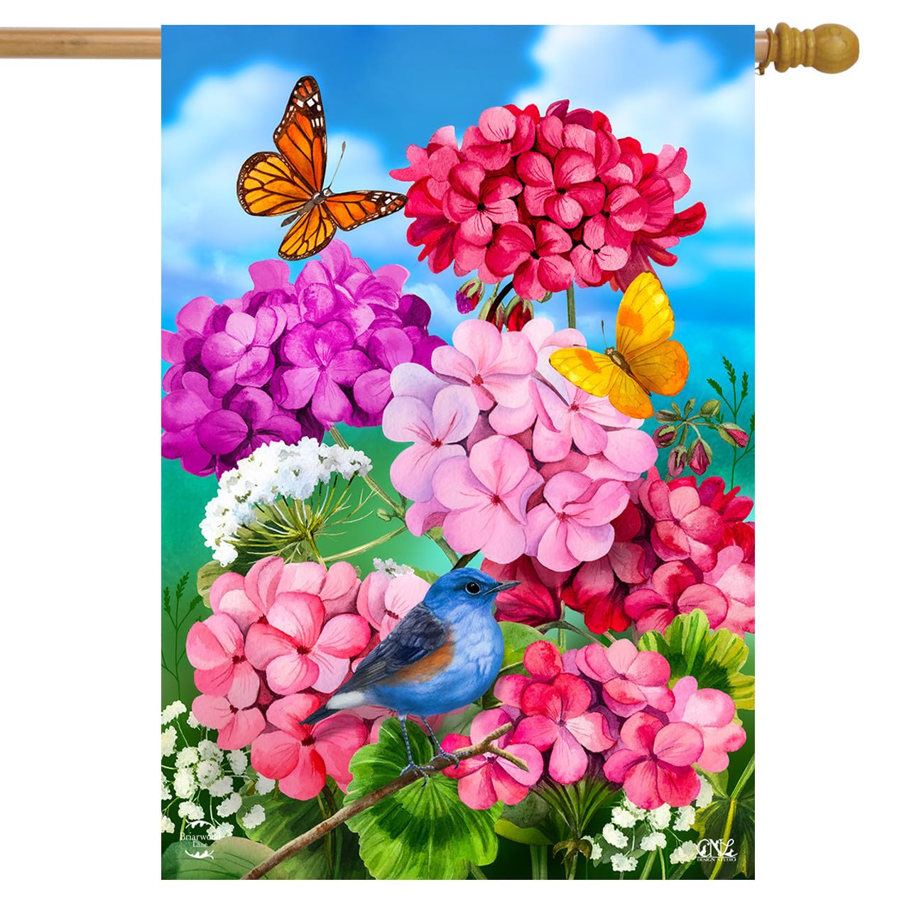 Briarwood Lane Geranium w rozkwicie wiosenna flaga domu kwiatowe ptaki 71 cm x 102 cm