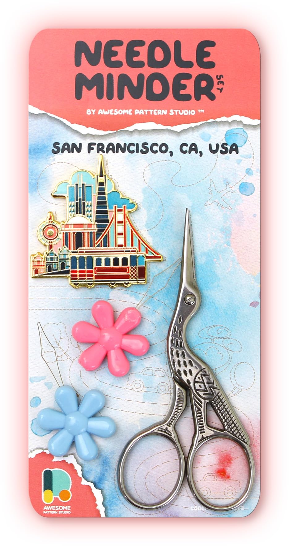 Awesome Pattern Studio Needle Minder Set - San Francisco Magnetic Needle Minder + 2 Needle Threaders + Crane Scissors. Enamel Pin for Cross Stitch, Embroidery and Craft