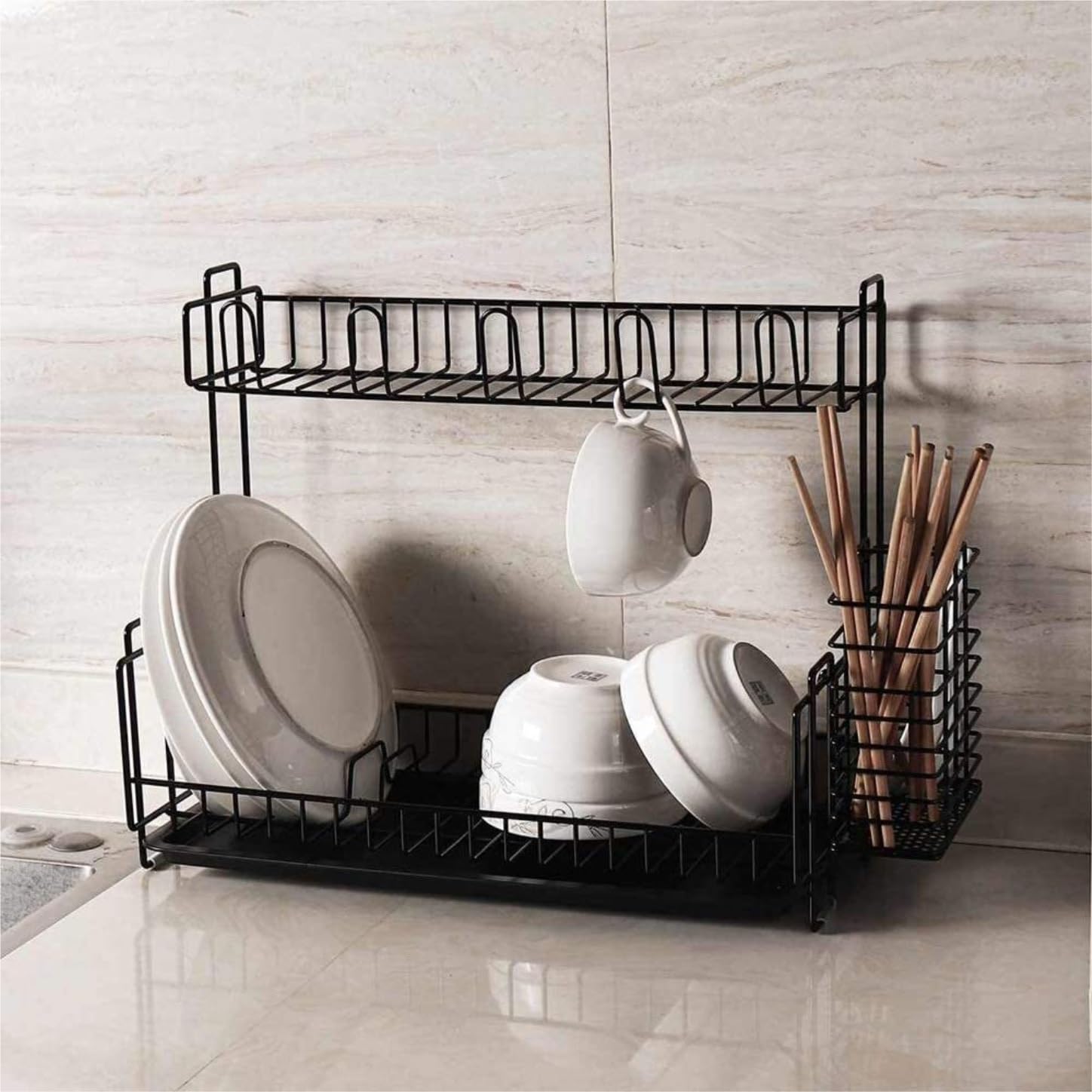 Scola Piatti Scolapiatti Multifunzionale A 2 Livelli Tazza Stoviglie Ciotola Conservazione della Cucina Asciugastoviglie(Black)