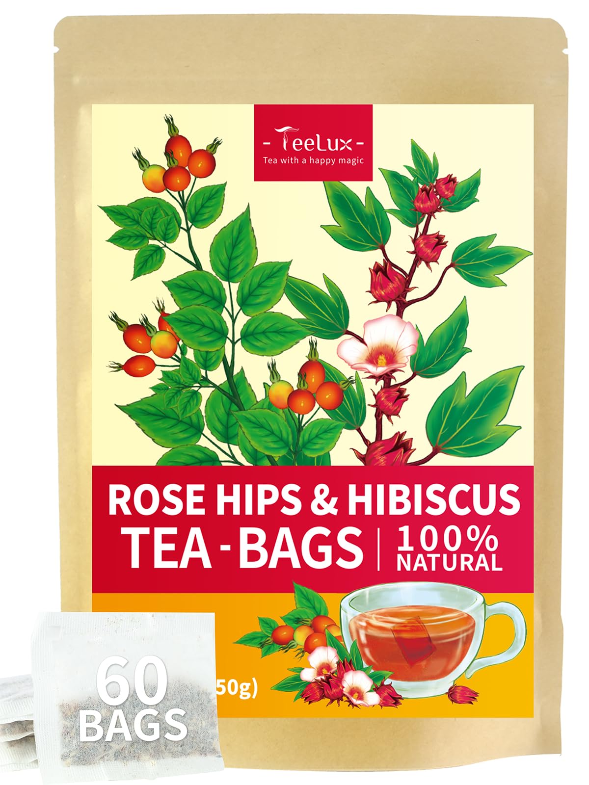 TeeLux Hibiscus Rosehip Tea Bags 60 Count, Blend Hibiscus Flowers and Rosehips, Sour-Sweet Flavor, Caffeine Free, Biodegradable Tea Bags
