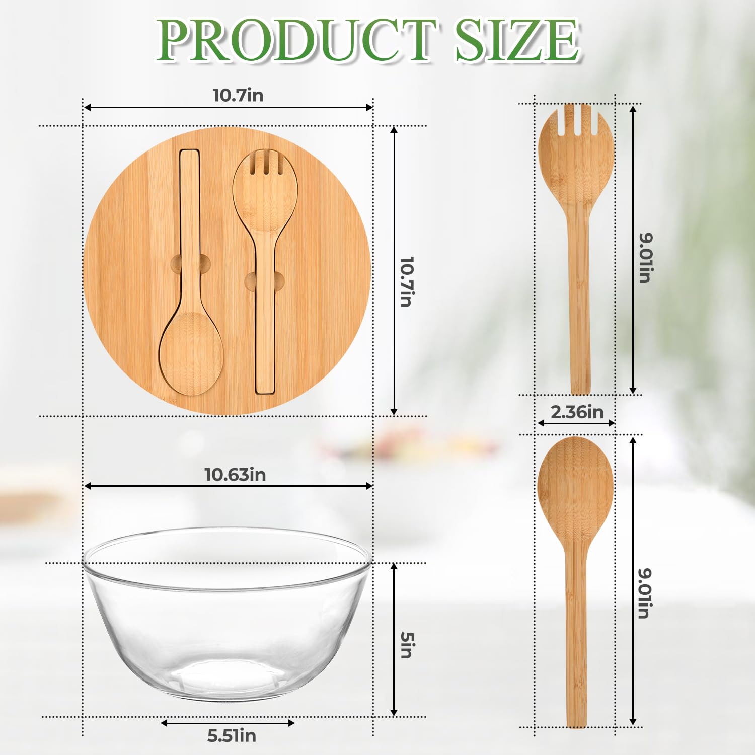 GEHE Insalatiera grande in vetro con coperchio e utensili da portata, ciotola grande da 4,1 litri con coperchio per insalata, pasta, dessert, frutta, insalata trasparente, grande ciotola da portata