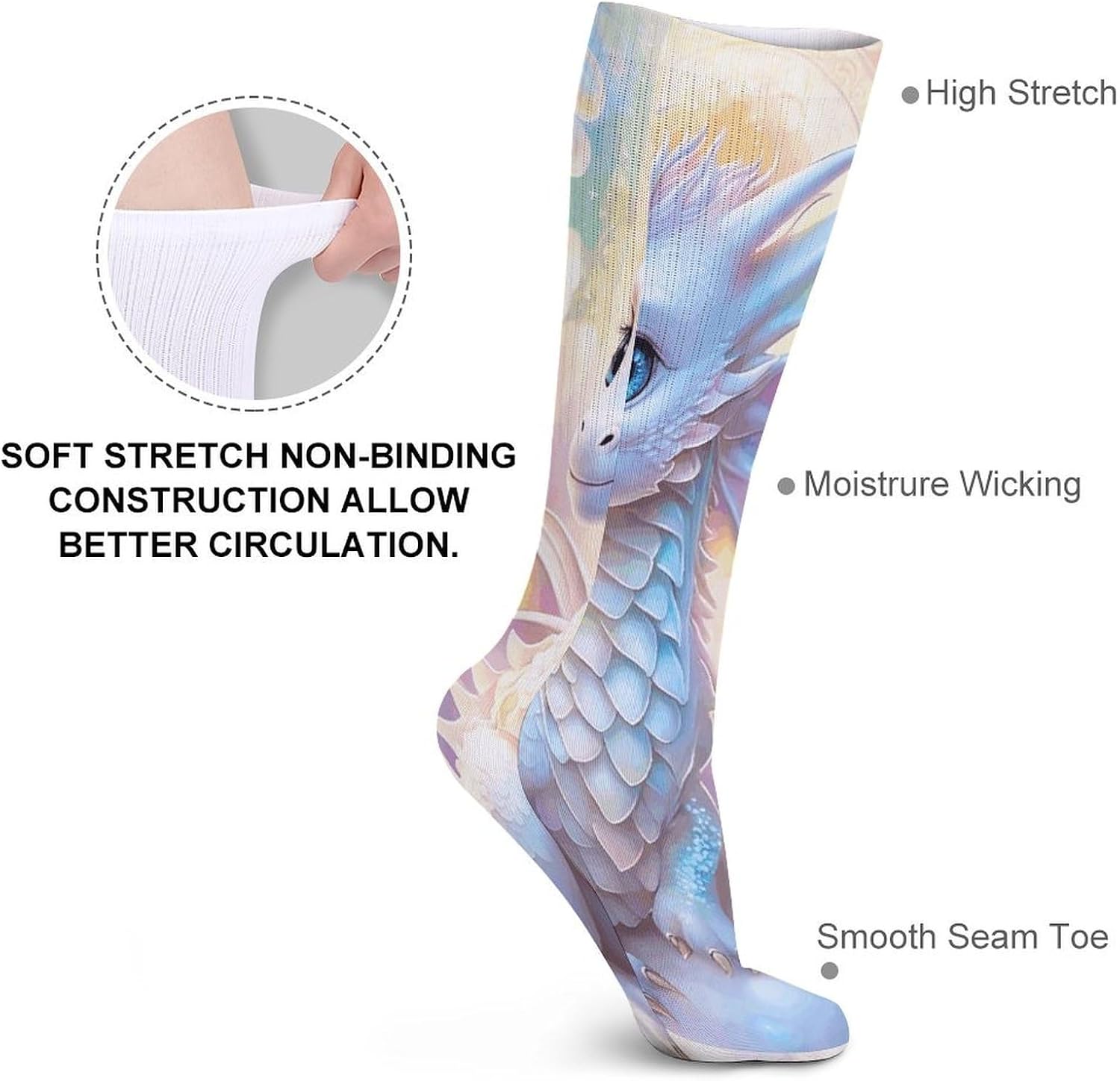 Cute White Dragon Crew Socks Casual Breathable Calf Socks | Cushion Running Athletic Socks Long Performance Breathable Sports Socks for Women Men