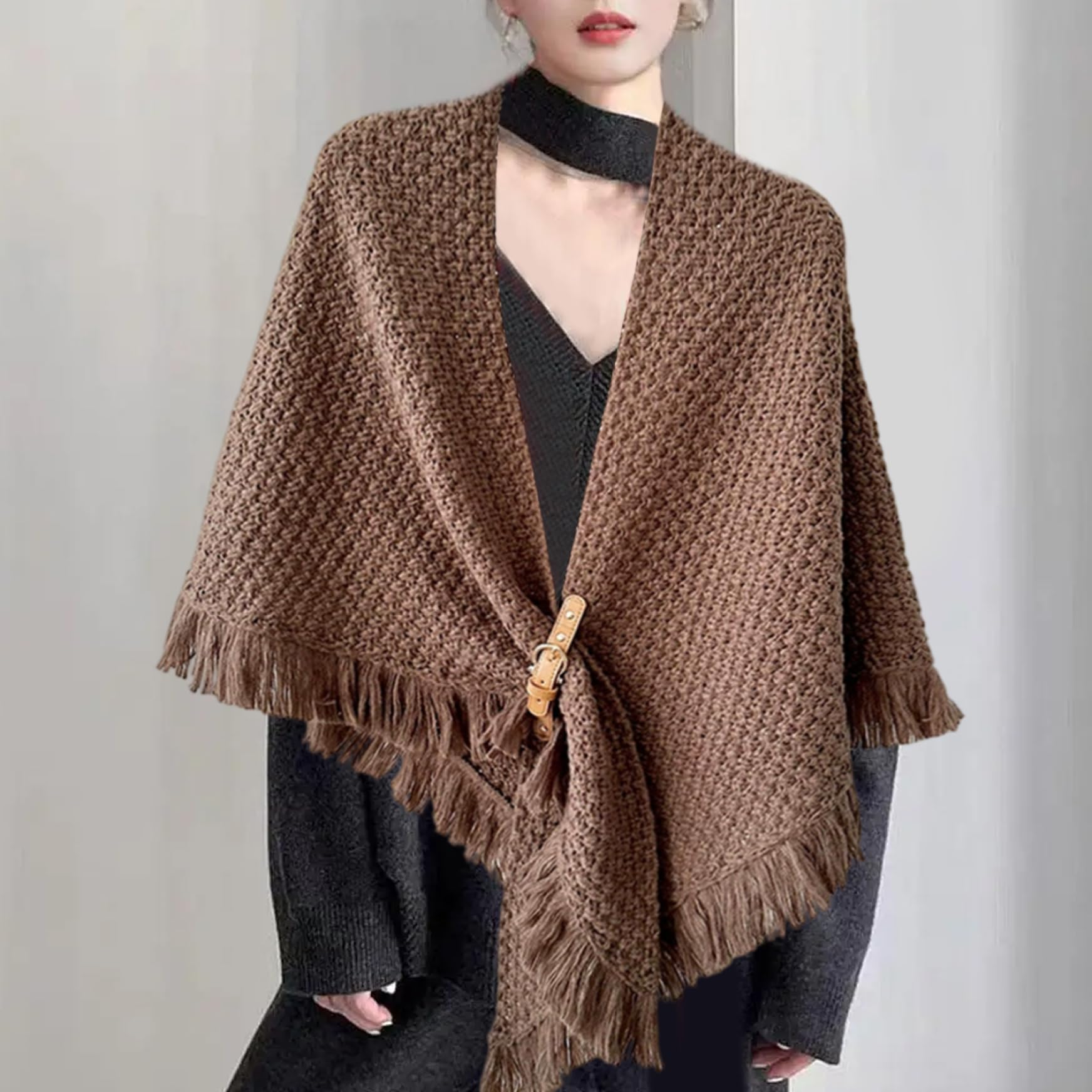 Chal para mujer Pashmina de ganchillo con hebilla Borlas de caramelo Suéter Mantón Bufanda triangular cálida para otoño invierno, para mujer
