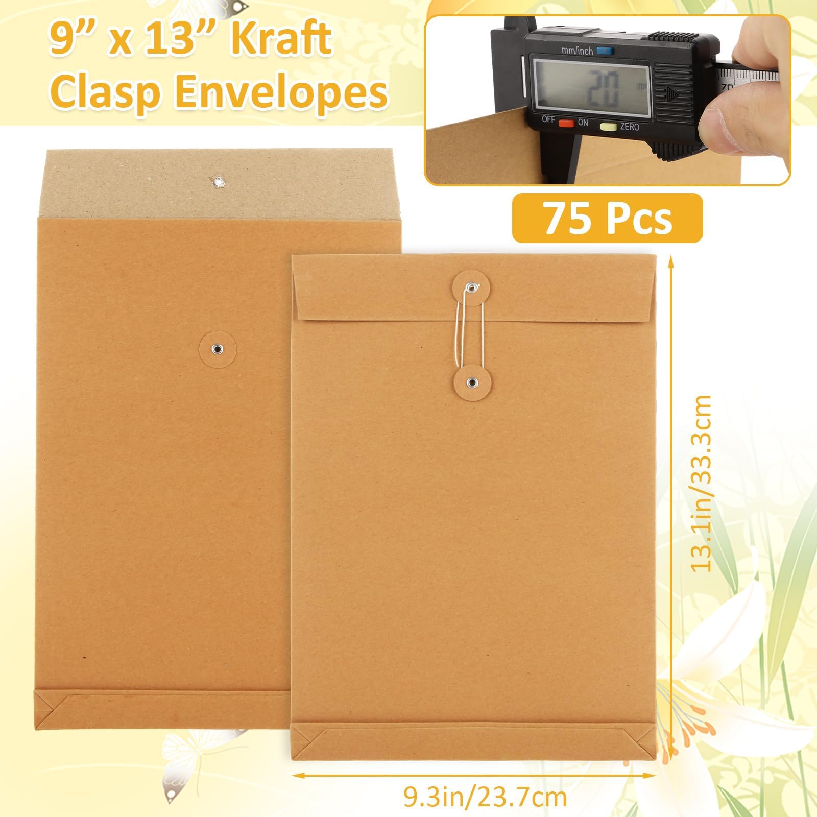 WOPPLXY Confezione da 75 buste in carta kraft da 22,9 x 33 cm, formato A4, con chiusura a bottone, buste di carta pesante da 250 g/m², per affari, ufficio, casa