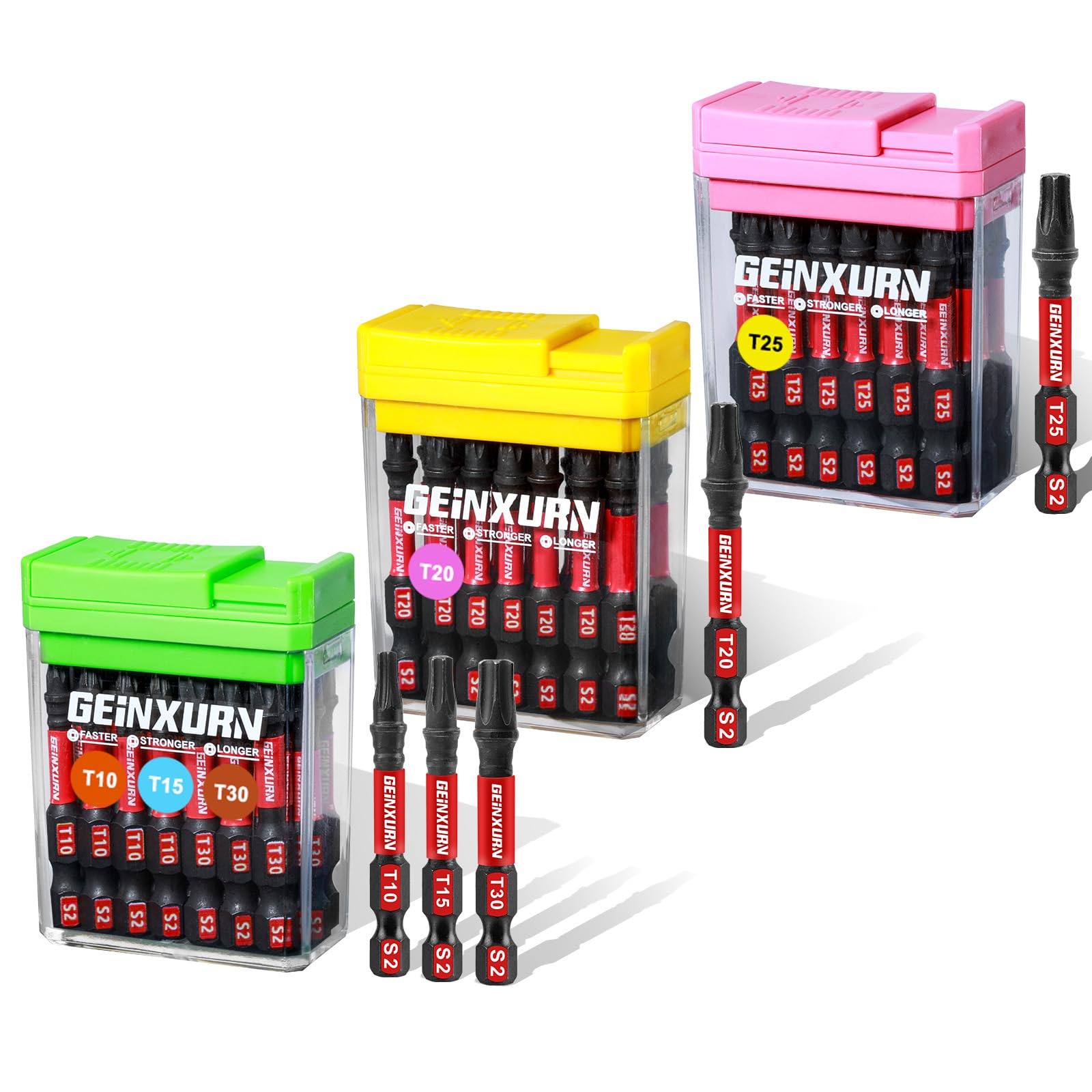 Geinxurn Impact Torx Screwdriver Bits Set, 45Pcs 50 mm Magnetic (T10/T15/T20/T25/T30) S2 Steel 1/4” Hex Shank Multi Drill Driver Bits with Storage Colorful Box