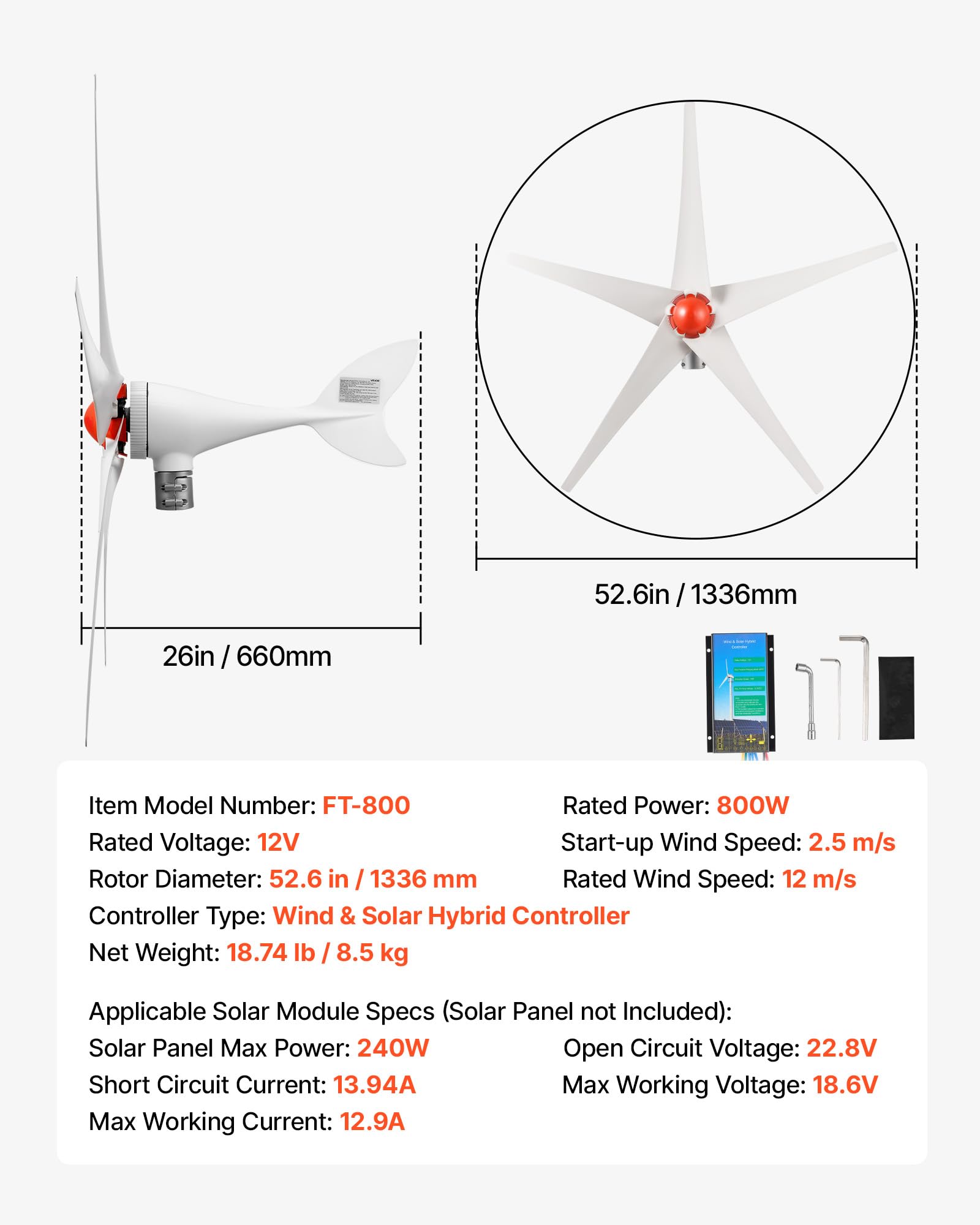 VEVOR Generador Eólico 12 V 800 W Turbina Eólica de 5 Palas con Controlador, Híbrido Eólico-Solar, Aerogenerador con Arranque de 2,5 m/s, Cuerpo de Aluminio para Casa, Granja, Barco y Autocaravana