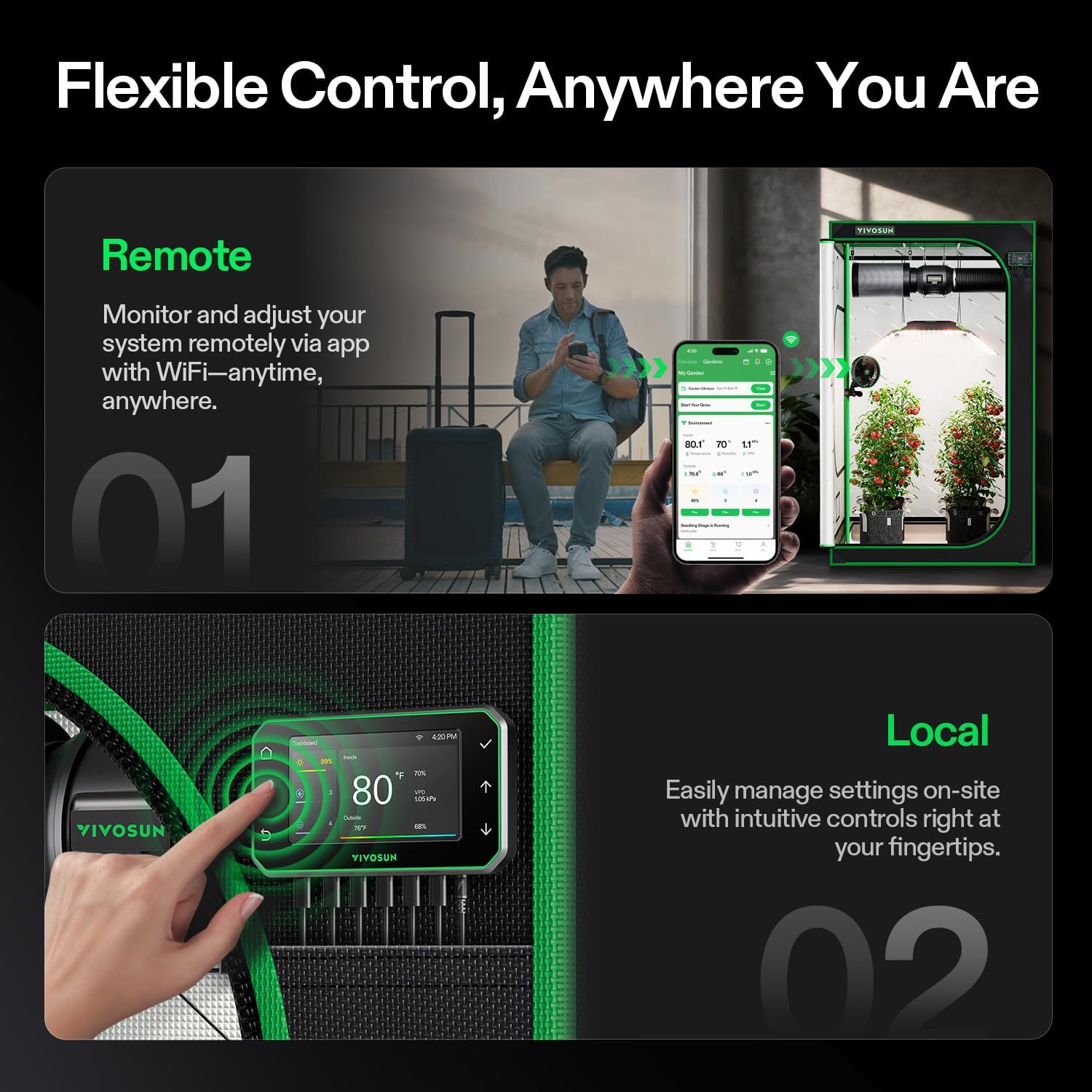 Remote and local control options for VIVOSUN smart grow system
