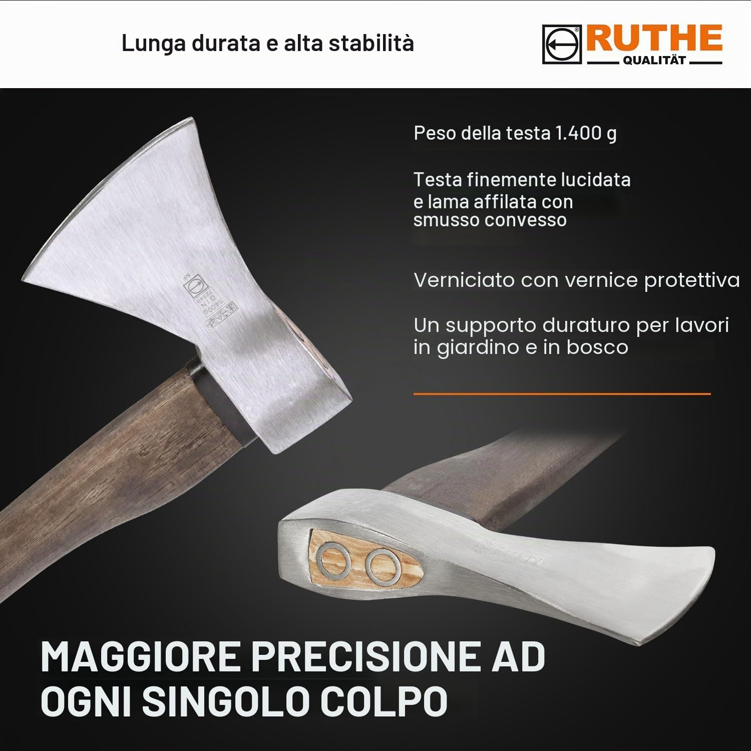 RUTHE Ascia spaccalegna 1.400g | Ascia da spacco in acciaio forgiato | Accetta professionale con manico in legno di hickory | Scure spaccalegna da 1.400 g