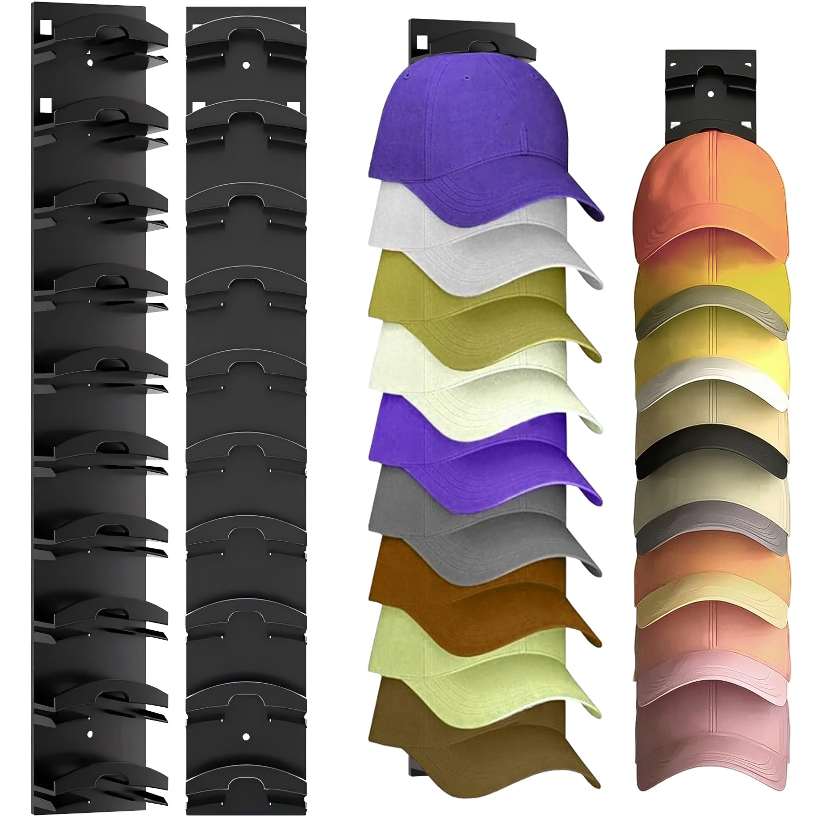 CHUNLINLAODA 2 Pack Hat Organizer for Baseball Caps, Hat Rack for Wall, Black Adhesive Hanger Display, Cap Holder Hold Up to 20 Hats, Baseball Cap Storage for Wall Bedroom Door Closet