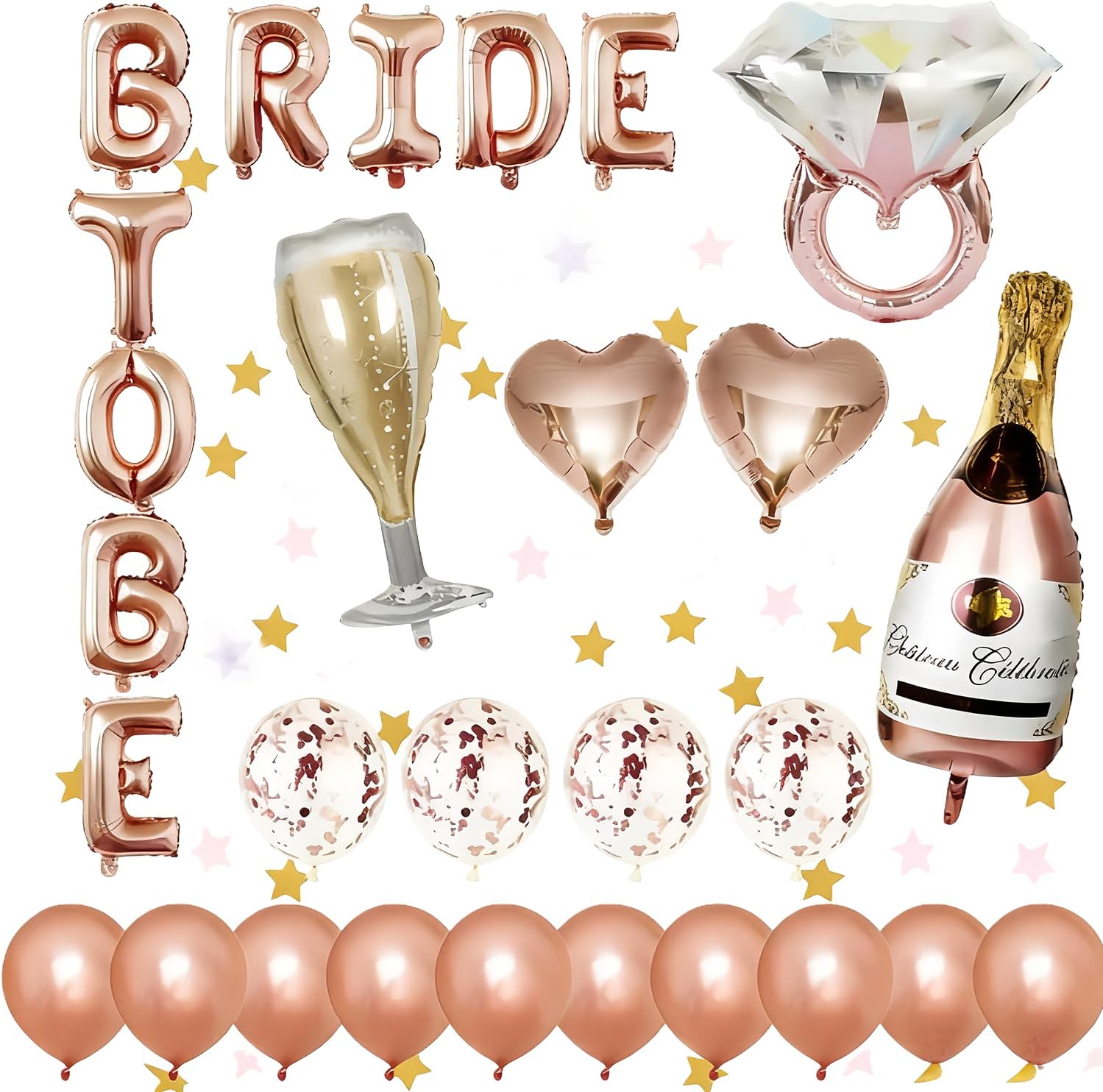 28pcs Rose Gold Hen Party Balloons Decorations Set, Bride to Be Balloons with Foil Numbers, Letters, Heart Shapes for Bridal Shower Bachelorette Party Decor