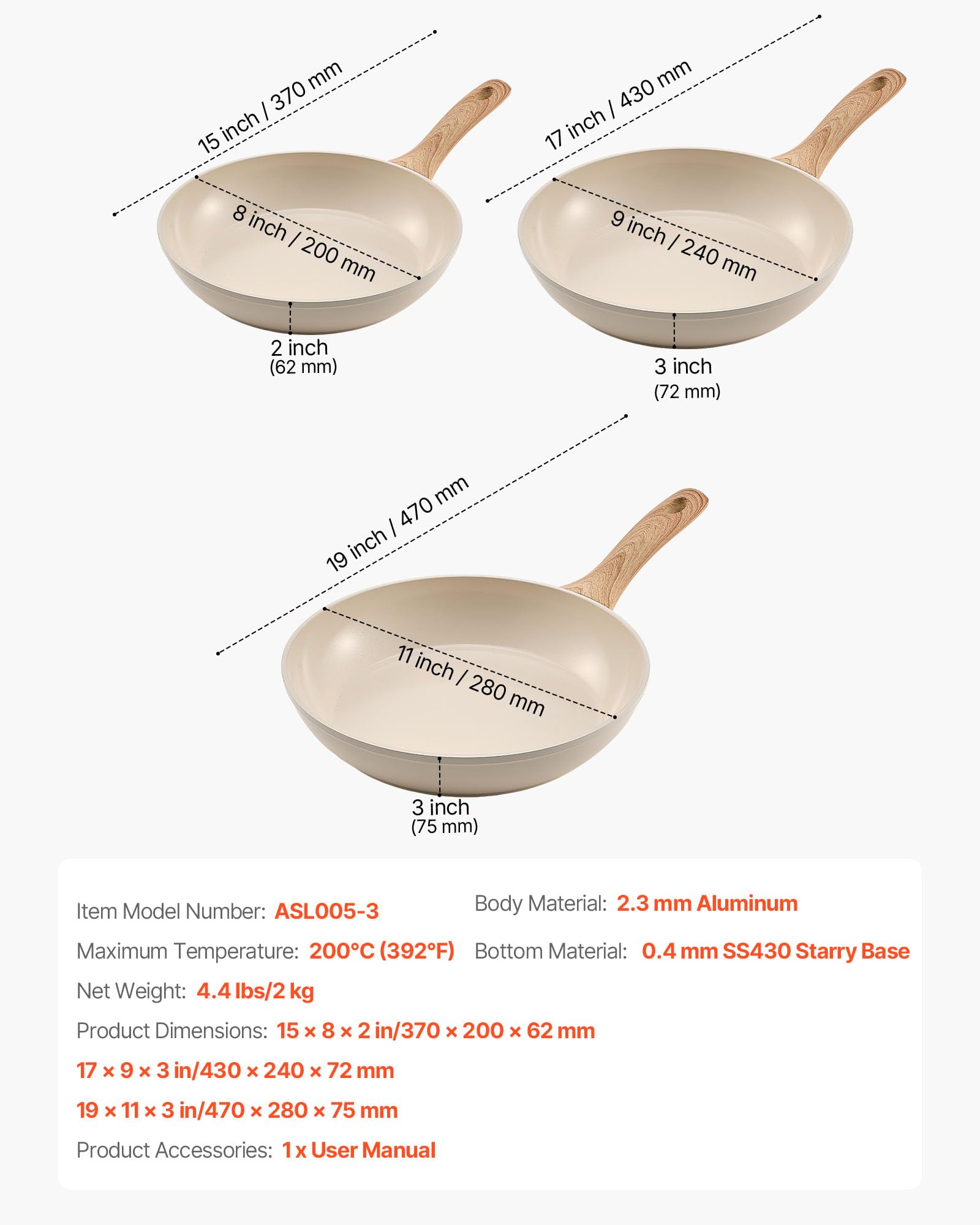 VEVOR Sartén de Aluminio para Huevos, 3 uds 200, 240 y 280 mm, Antiadherente, de Cerámica Resistente con Mango Resistente al Calor, Ideal para Cocina de Chef, Gas, Eléctrica e Inducción, Beige
