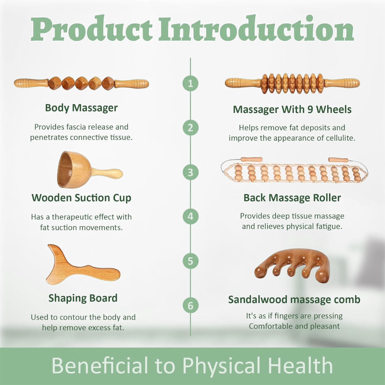 Maderotherapie Set 6 teilig, Holz Massagegeräte gegen Cellulite, Wood Therapy Massage Tools mit Faszienstab Holz für Lymphdrainage, Anti-Cellulite Massage und Körperformung