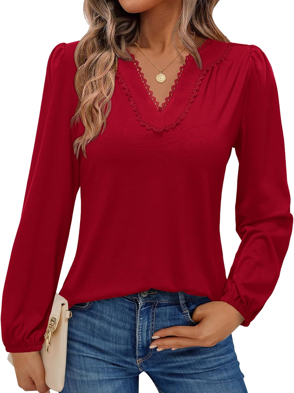 siliteelon Long Sleeve Blouses for Women Dressy Casual Tops for Women Trendy V Neck Lantern Long Sleeve Lace Trim 2026 Spring