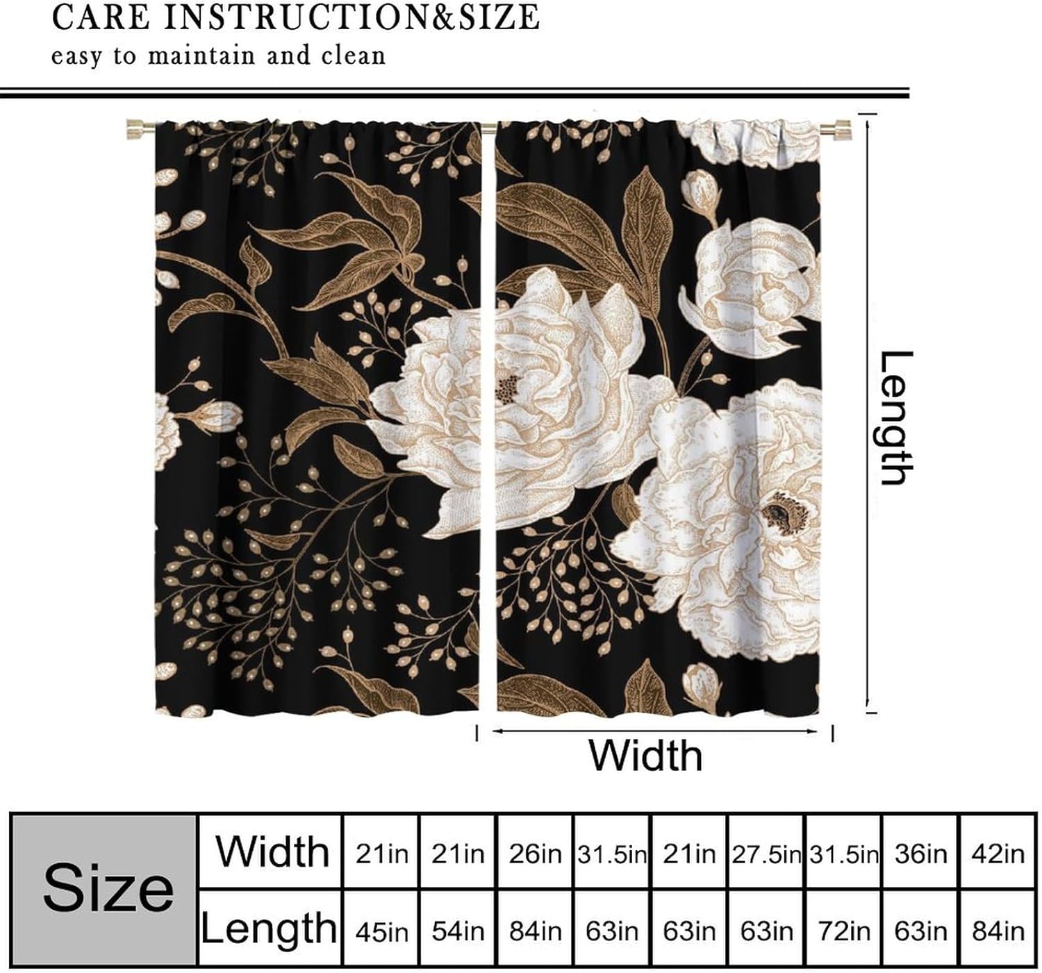 Black Gold Floral Blackout Curtains Abstract Vintage Rustic Flower Botanical Aesthetic Art Print for Girls Women Bedroom Living Room Bathroom Rod Pocket Decoration Window Drapes 2 Panels W21xL54in