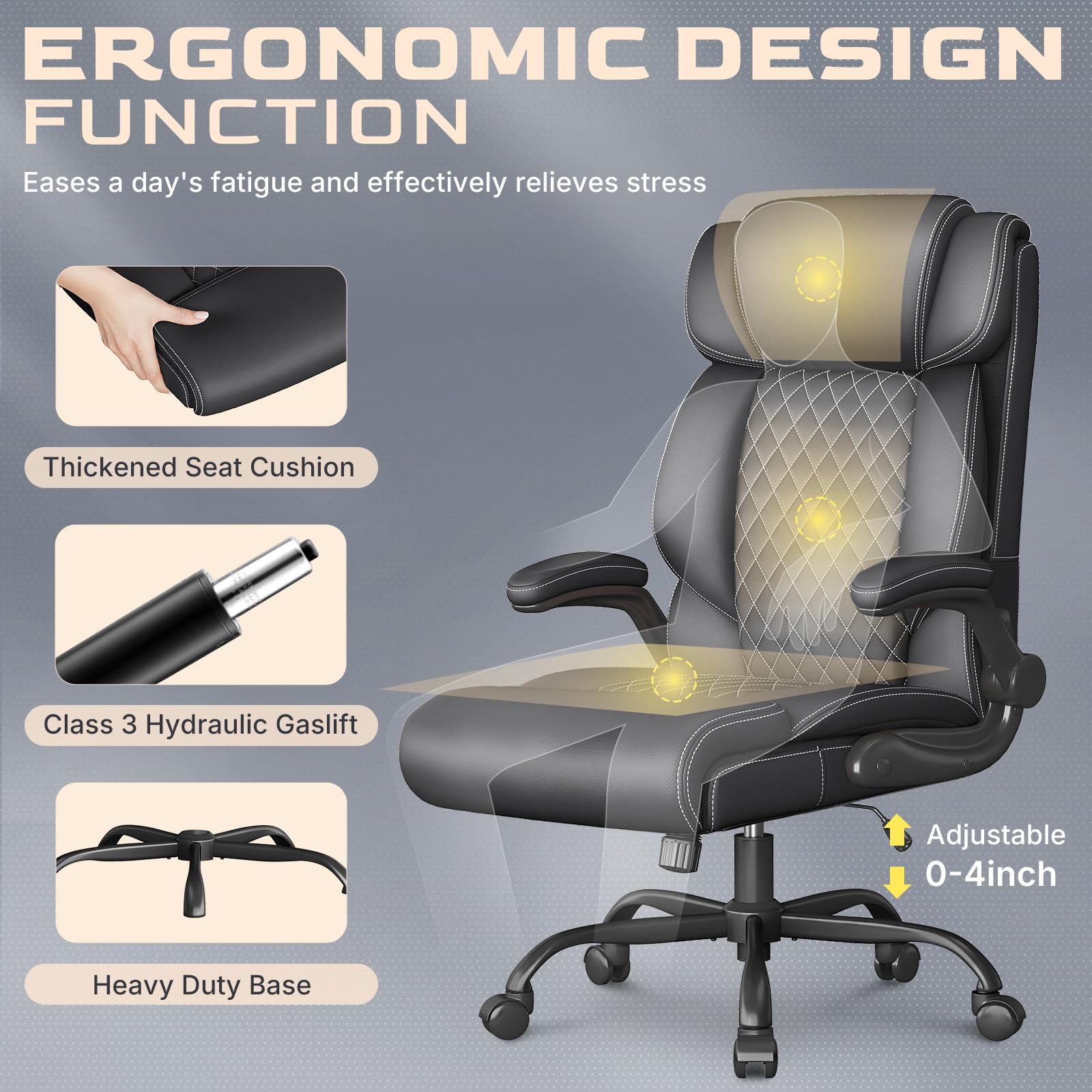 Office Chair-Executive High Back Breathable Comfy Desk Chair with Flip-up Armrests Lumbar Support-Ergonomic Leather Rolling Swivel Chair with Rock Function for Working Studying Gaming