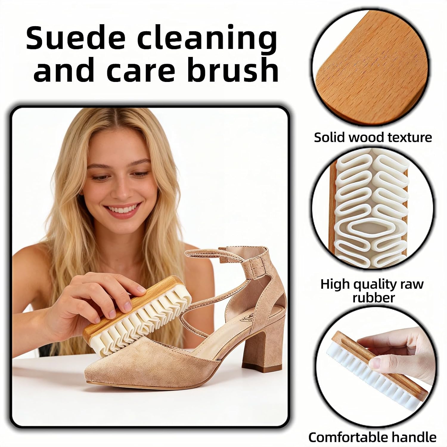Suede Brush Cleaner Set, Rubber Crepe Bristles with Wood Handle,Soft Care Brush for Shoes, Boots, Bags, Jackets and Furniture, 2 Pack