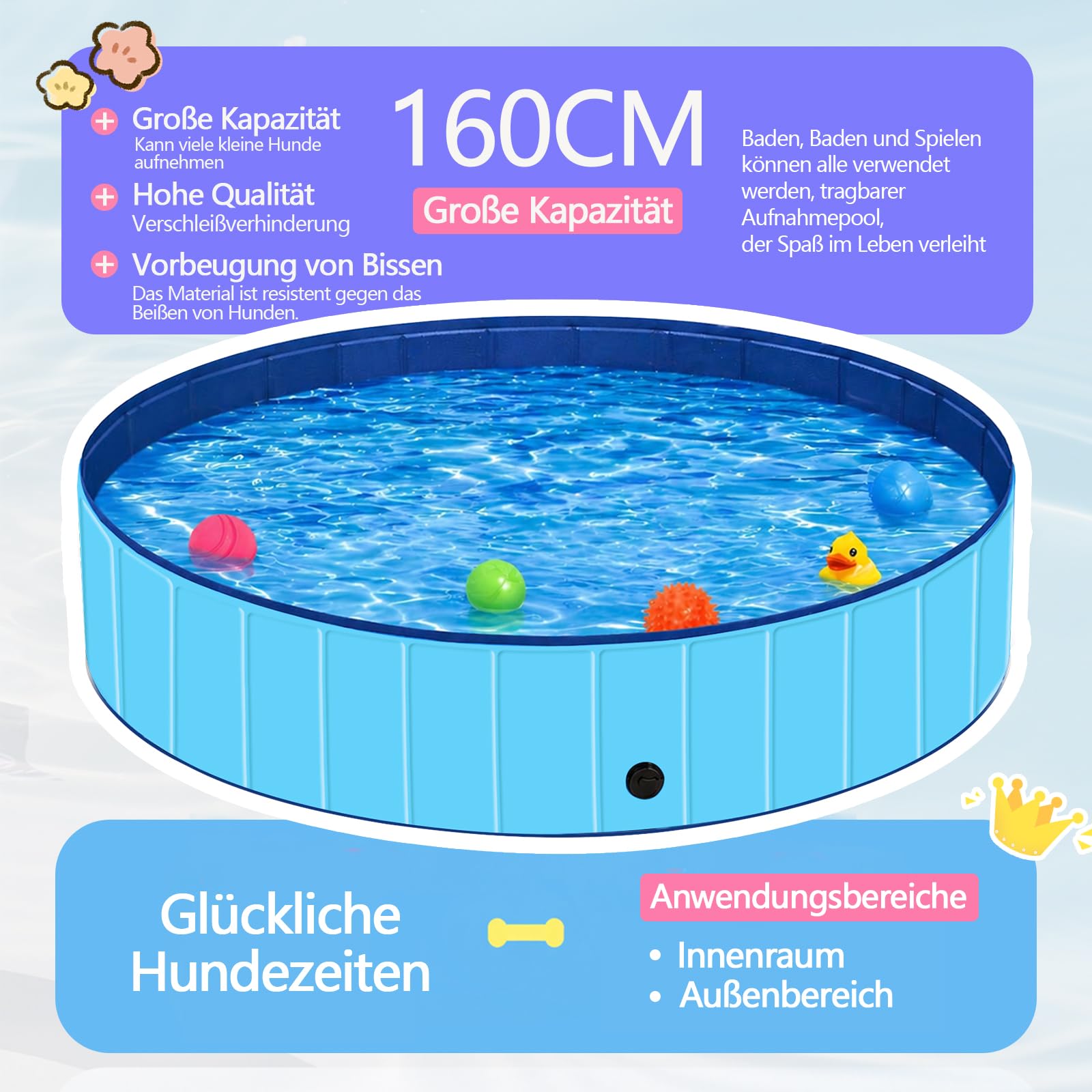 Hundepool für Mittel- und Großhunde, Planschbecken für Hunde 160 x 30 cm, Tragbarer Außen-Hundebadewanne mit Schnellablaufventil, Auslaufsicherer Planschpool für Garten & Terrasse (L - Ø160cm)