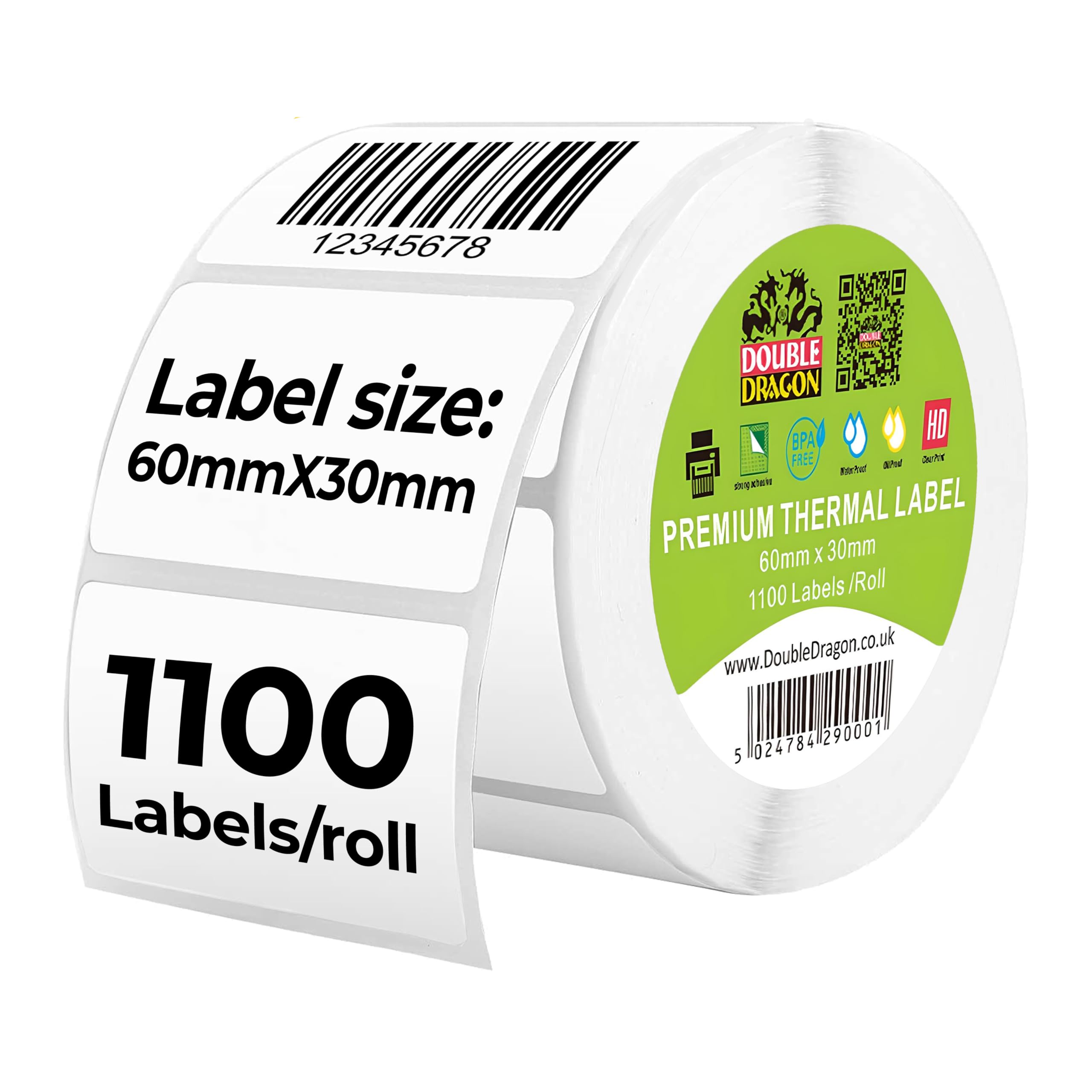 Double Dragon, 1,100 Direct Thermal Labels, 60mm x 30mm | Premium Coated, Self-Adhesive White Stickers | Scratch Resistant | Compatible with Zebra, MUNBYN, Rollo, Toshiba, Citizen Printers