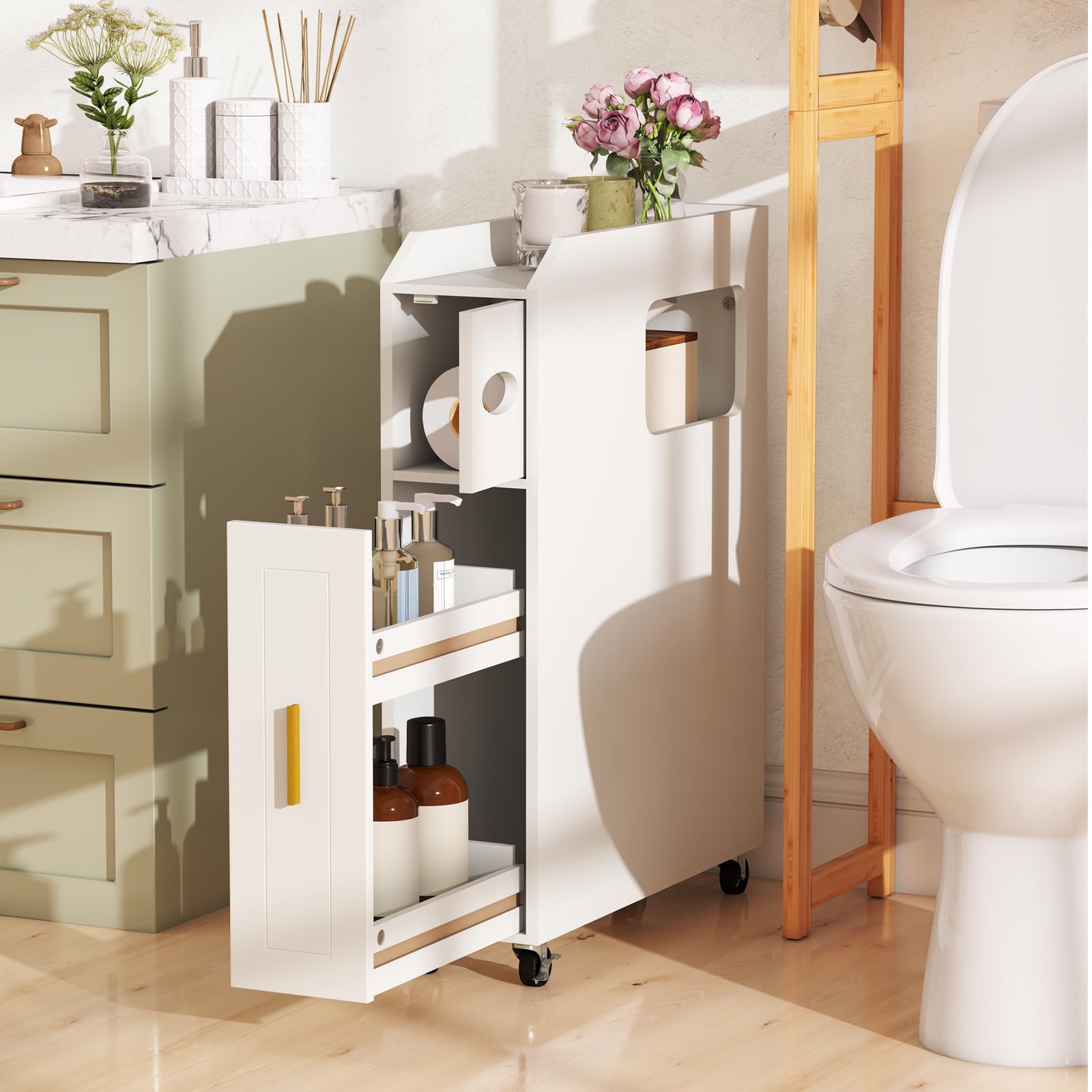 RELAX4LIFE Mobile da Bagno Stretto, Carrellino Salvaspazio con Ruote, Organizzatore Mobiletto Bagno, Porta Carta Igienica, per Spazi Ridotti, 16 x 50 x 69 cm (Bianco)