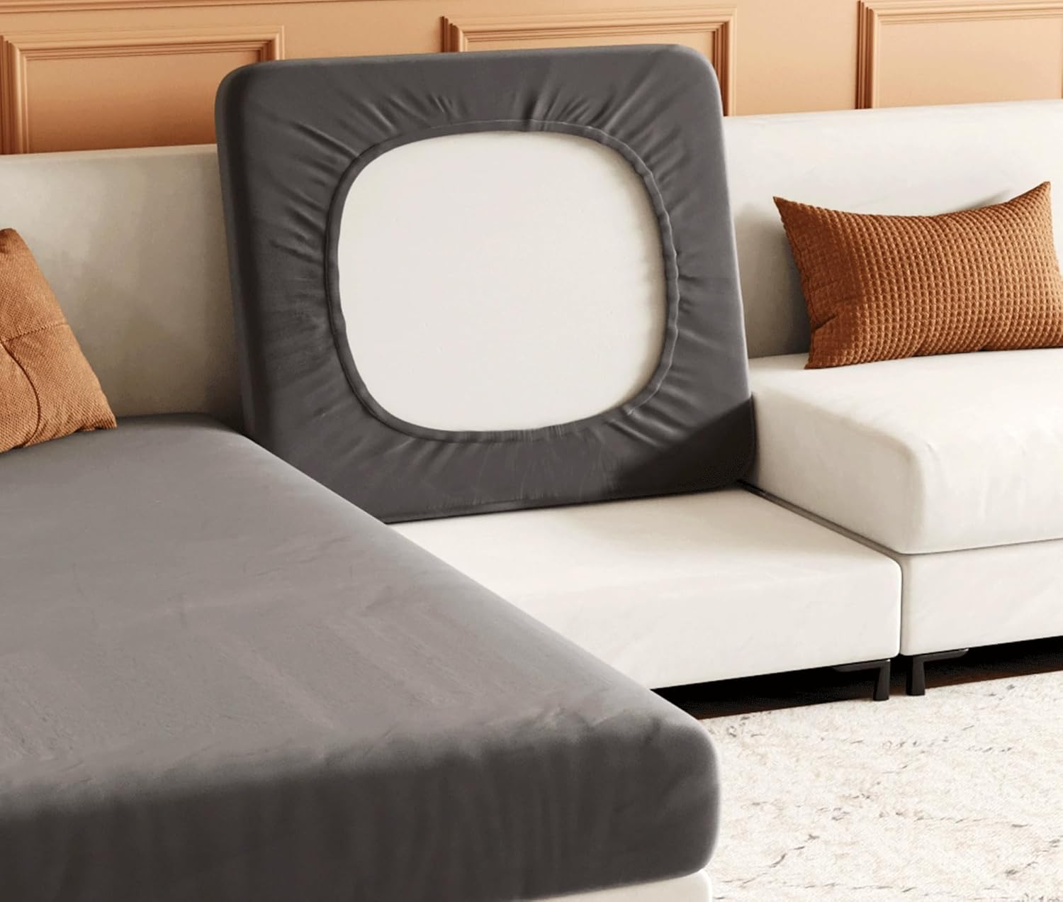 Velvet Couch Cushion Covers, Sectional Sofa Seat Covers, Chaise Lounge Cover, Stretch (Grey, Chaise Cover, 1PCS)
