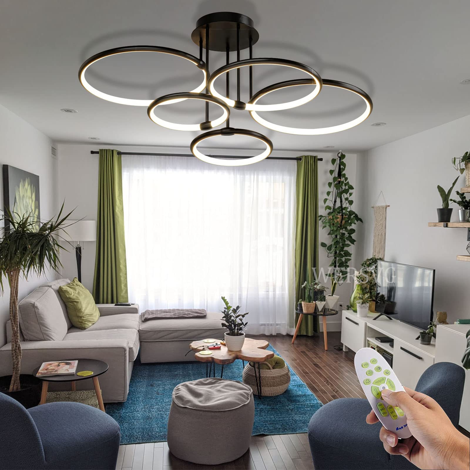 WERSVG LED Ceiling Light Living Room Ceiling Light Ring Design Dining Room Light Dimmable 3500K-6500K 108W 8640LM with Remote Control Bedroom Living Room Kitchen Dining Room Light Black, 5 Ring