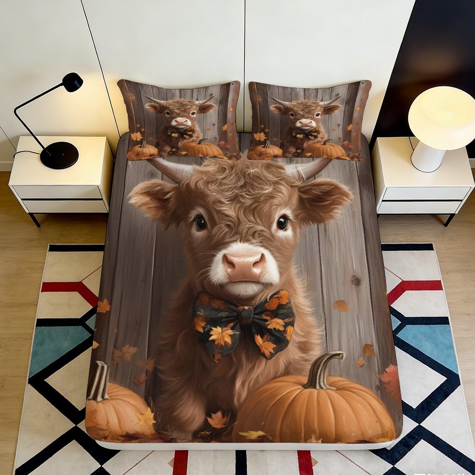 3D Printed Highland Cow Fitted Sheet Microfiber Autumn Pumpkin Bed Cover Non-Slip Machine Washable for Bedroom Decor 200x200x25cm