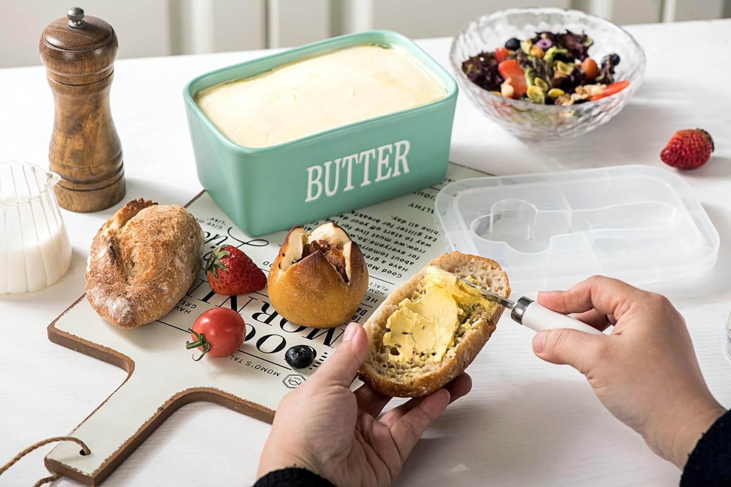 Large Butter Dish with Cover and Knife, Ceramic Butter Dish with Cover for Countertop, Butter Holder Keeper Container for Refrigerator, Airtight Sealing for Butter Fresh