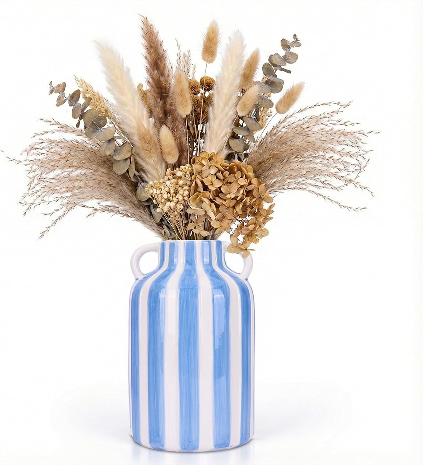 Checkered Ceramic Vase for Flower Bouquet Decorative, Funky Blue and White Vase with Handles, Modern Striped Small Vases for Kitchen Checkered Decor and Home Mantle Bookshelf Table Centerpiece