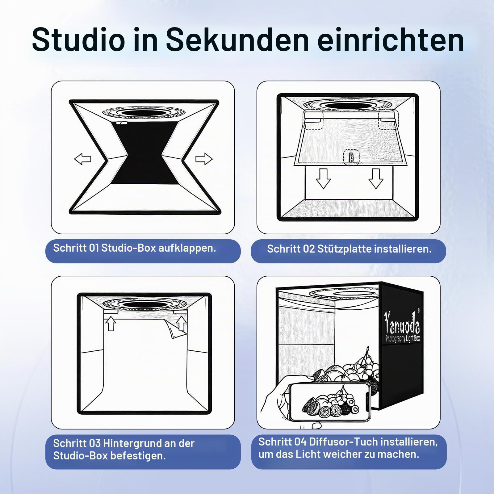 Fotobox Produktfotografie 40x40cm USB-C Kompatibel, Upgraded 18W Fotostudio 5700K dimmbare 180 LEDs (CRI>97), 6 Hintergründe, 3 Lichtmodi – Lichtbox für Produktfotos, Schmuck