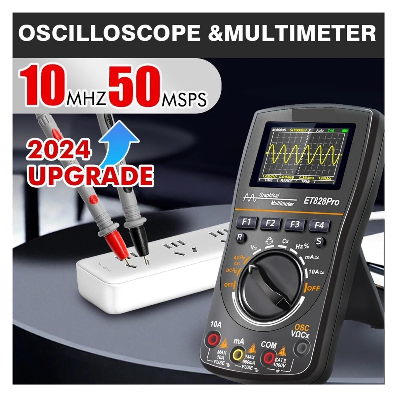 Osciloscopio Digital Osciloscopio portátil ET828Pro de 10MHz, Herramienta Prueba multímetro True RMS 6000 Cuentas