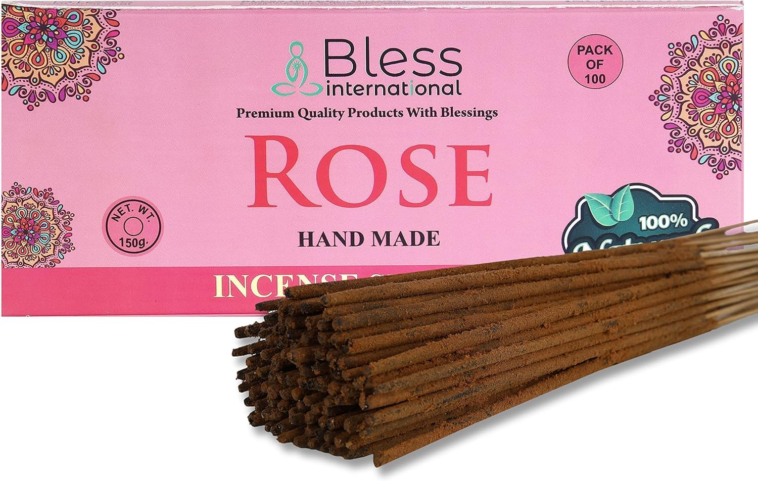 Bless-Rose 100%-Natural-Handmade-Hand-Dipped-Incense-Sticks Organic-Chemicals-Charcoal-Free Purification-Relaxation-Positivity-Yoga-Meditation Best-Woods-Scent (100 Sticks (5.25 OZ))
