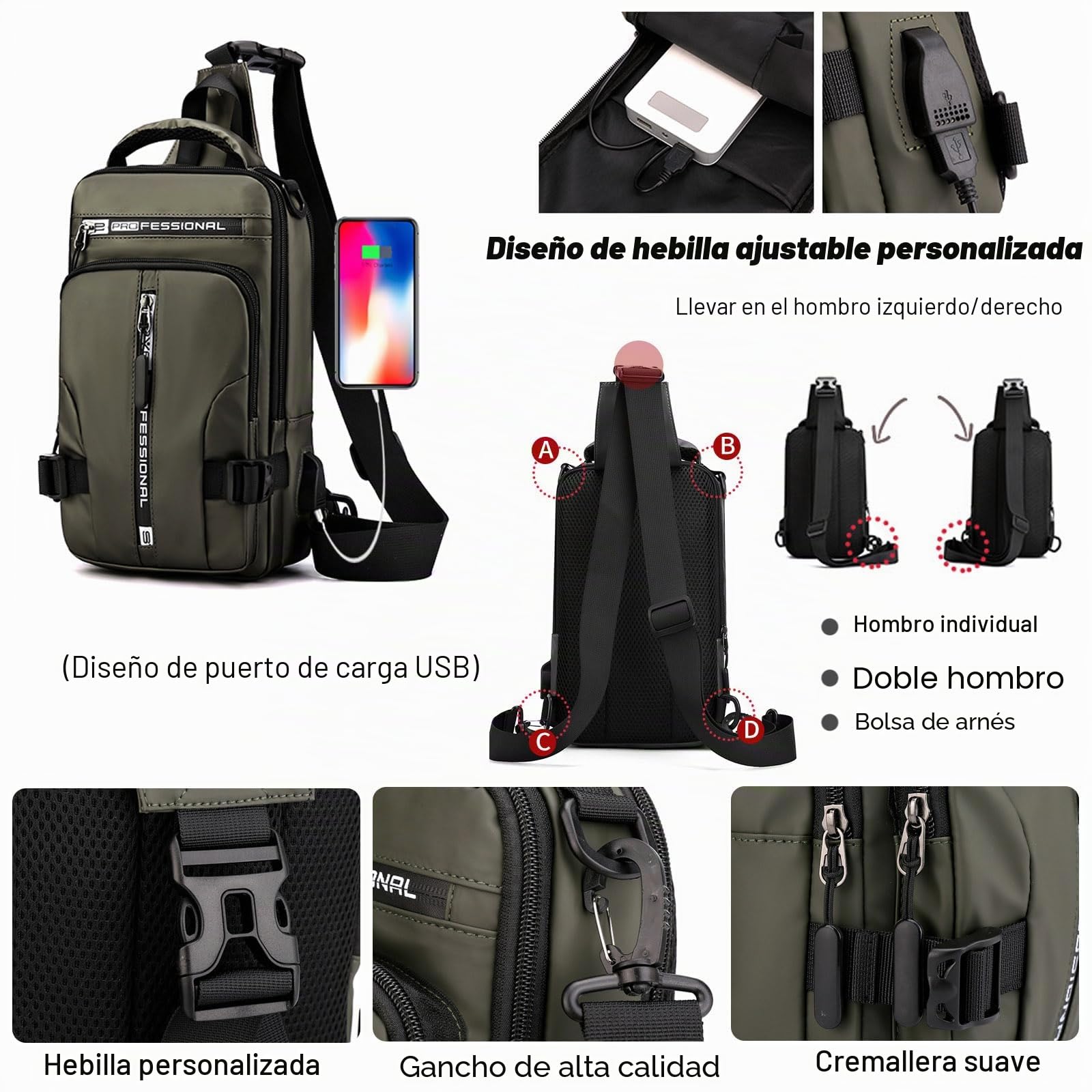 FANDARE Bolsa Cruzada Bolsa de Pecho Bolso de Hombro Hombre Bolso Hombro Bolsa de Pecho on Puerto de Carga USB Mochila de Viaje Bandoleras Bolso de Bandolera Escolar Sling Bag Caqui