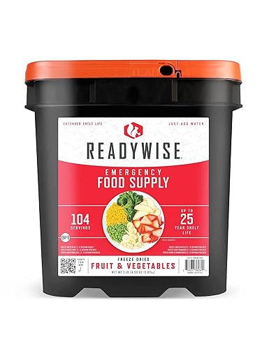 ReadyWise Emergency Food Supply - 104 Servings Freeze Dried Fruit and Vegetables Bucket, Protein Meals, Camping Essentials for Survival Food, Disaster Prepping Supplies, up to 25 Year Shelf Life