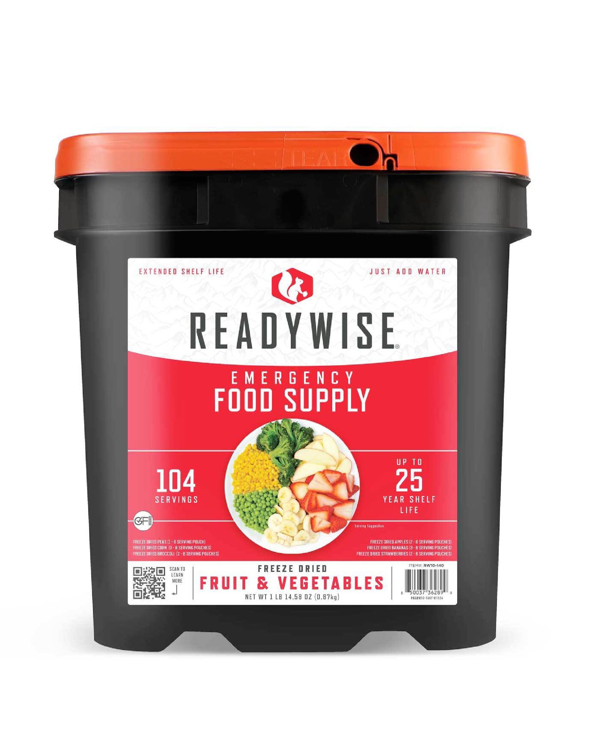 ReadyWise Emergency Food Supply - 104 Servings Freeze Dried Fruit and Vegetables Bucket, Protein Meals, Camping Essentials for Survival Food, Disaster Prepping Supplies, up to 25 Year Shelf Life