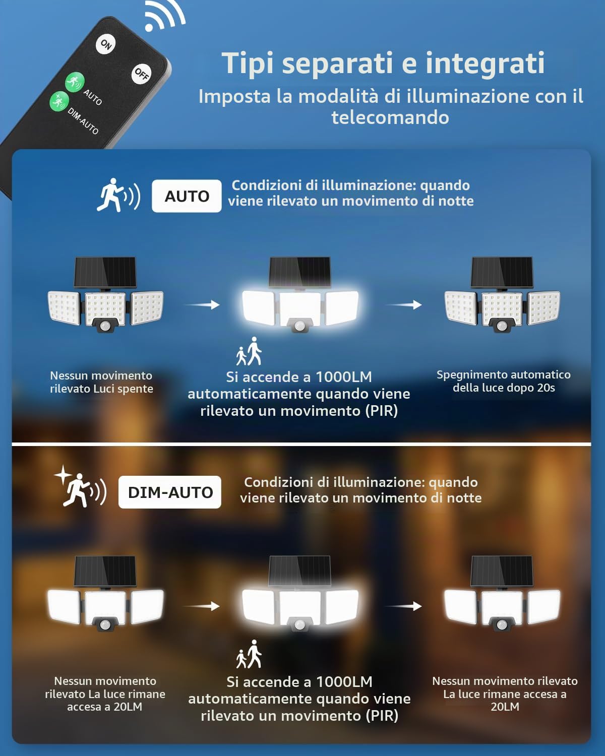 Lepro Lampada Solare da Esterno con Sensore di Movimento 74 LED 1200LM 2Pcs | IP65 Luci Solari Esterno, 3 Teste Regolabili e Impermeabili, Grandangolo 270°, per Portico Cortile Garage Pathway