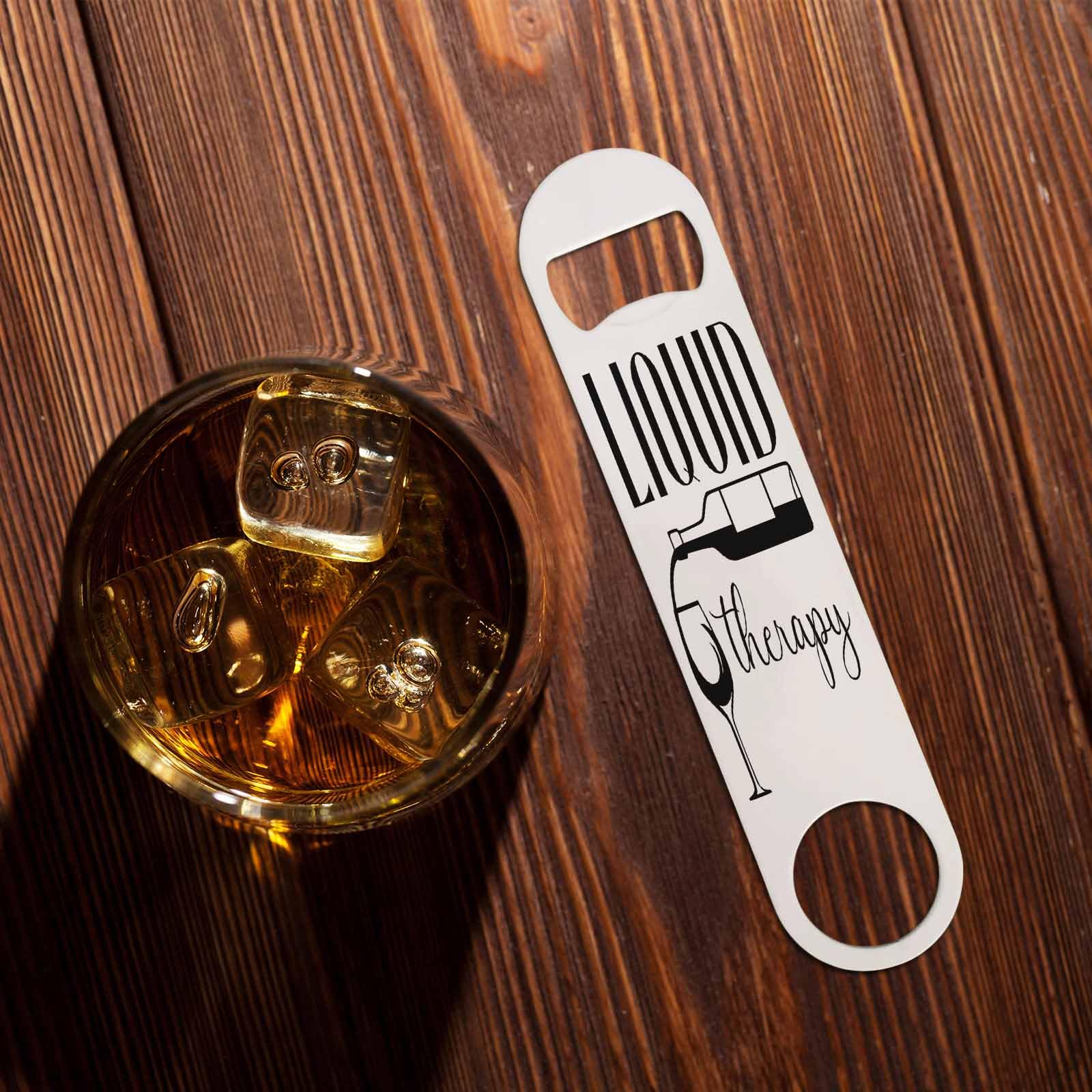 Liquid Therapy - Abridor de botellas de vino de acero inoxidable con cita de bebidas con texto en inglés "Life Life Flat" para el hogar, cocina, bar, restaurante, fiesta, regalo de cumpleaños