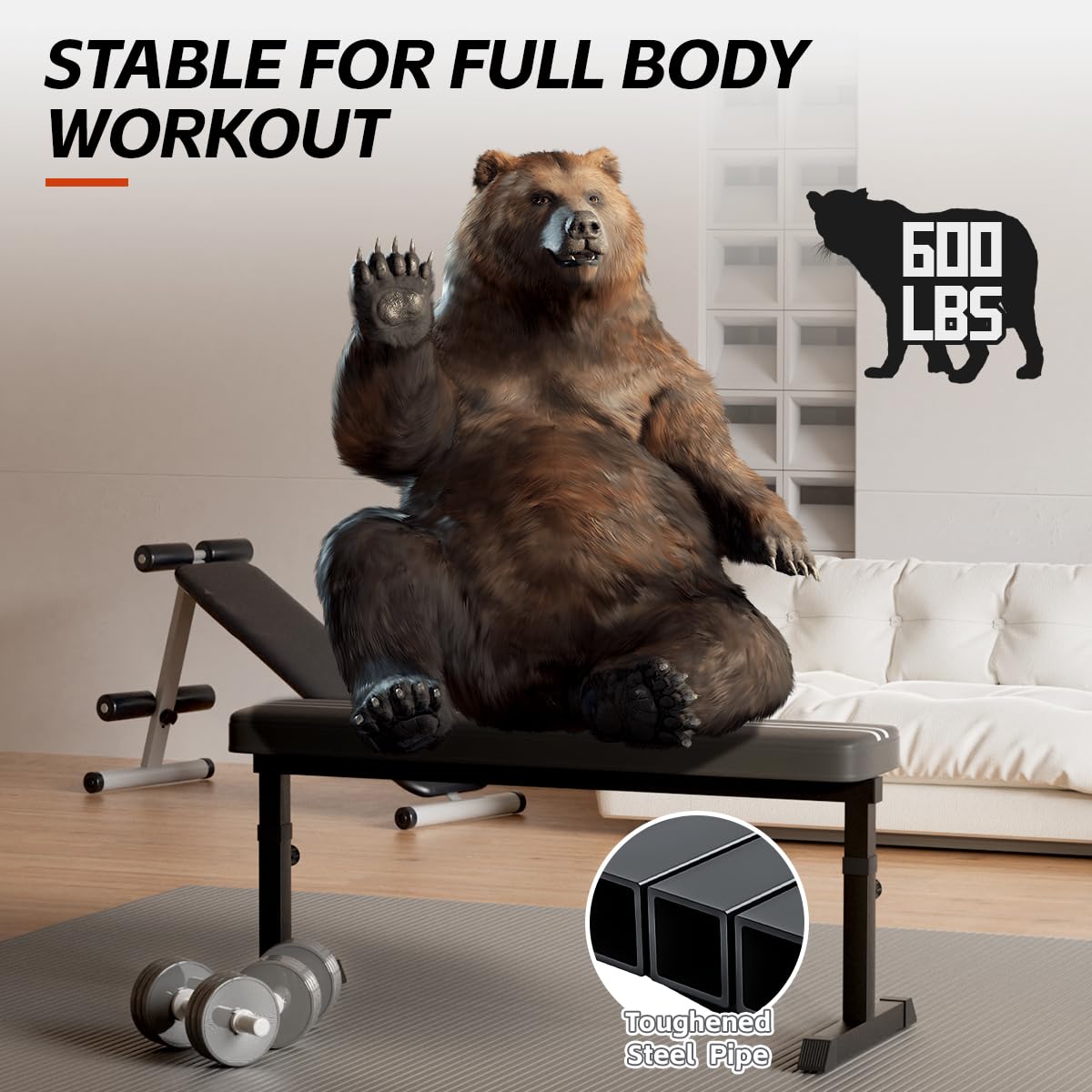 Black Flat weight Bench, Bench workout, Easy Assembly for Training Bench Press with adjustable height, 600LBS gym bench for Full Body Workout and home workout, 4 Adjustable Heights Heavyy Bench