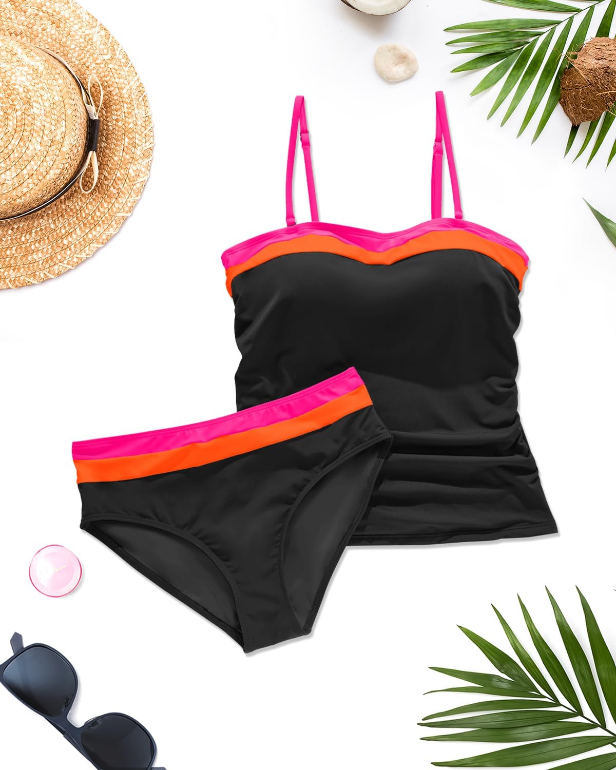 Daci Bandeau Tankini Swimsuits for Women - Two Piece Ruched Tummy Control Bathing Suit Strapless Swimwear with Bottom - Image 3